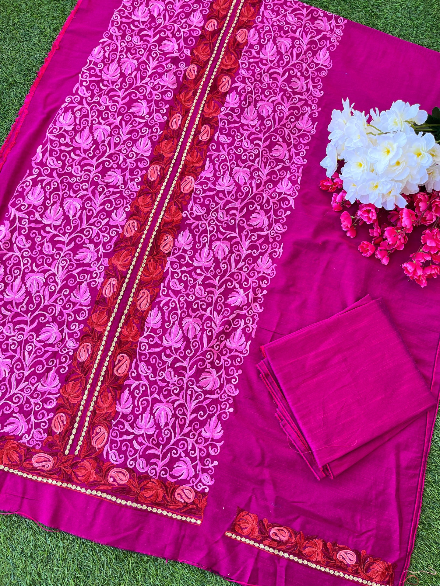 Cotton Hot Pink  Aari Embroidered Kurta Pant Set