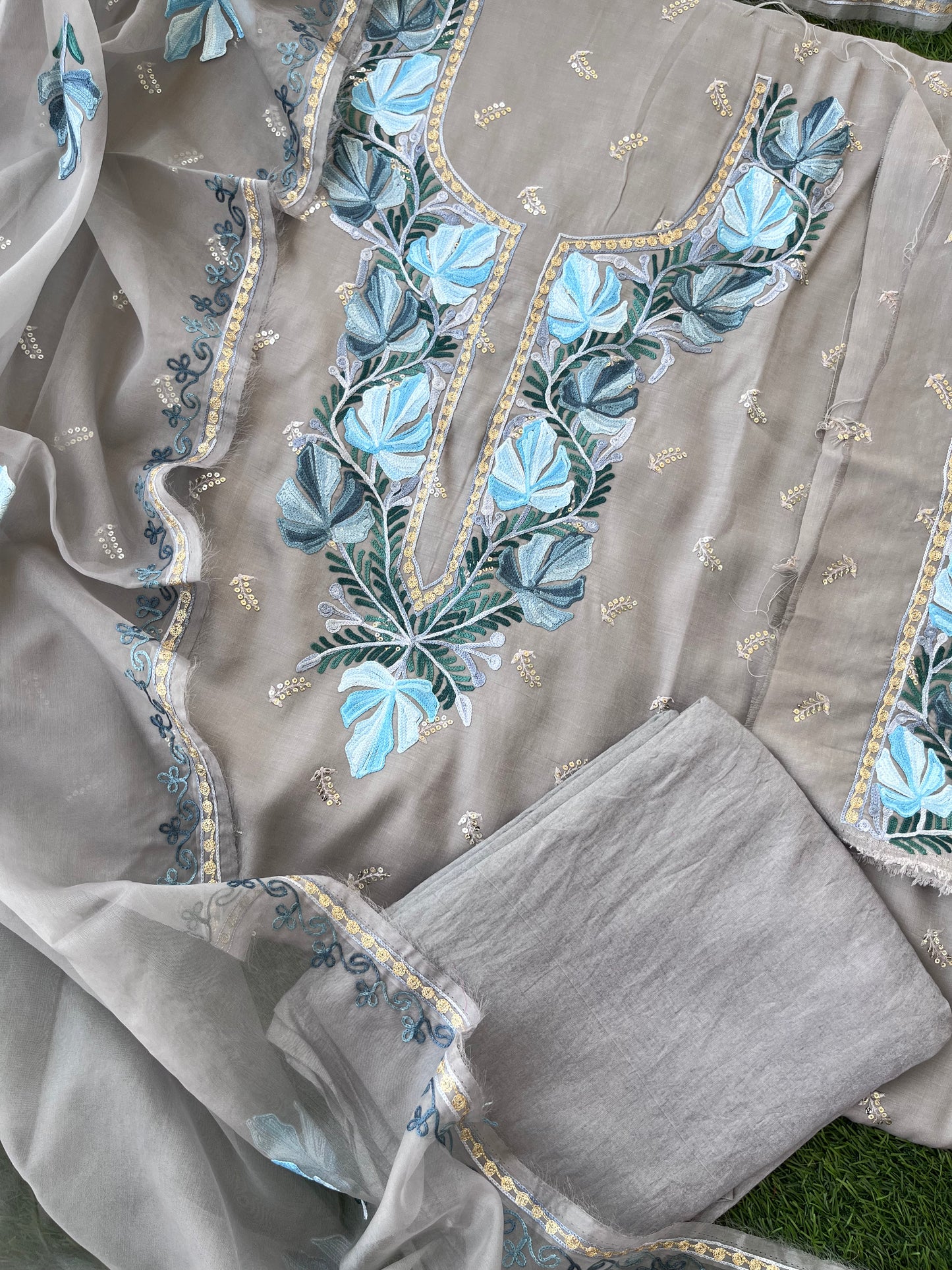 Spanish Grey Satin Cotton with Organza Dupatta 3pc Suit material