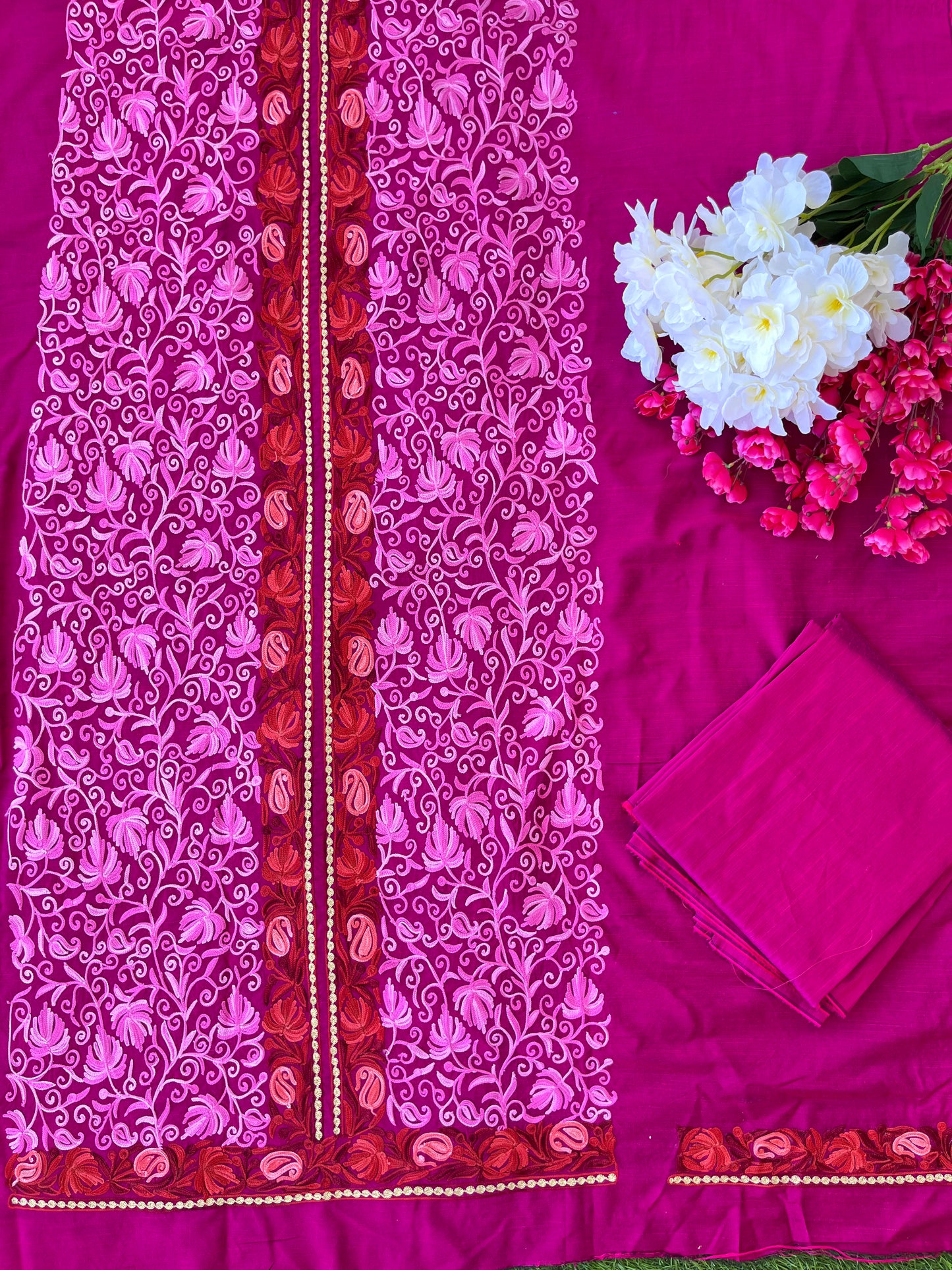 Cotton Hot Pink  Aari Embroidered Kurta Pant Set