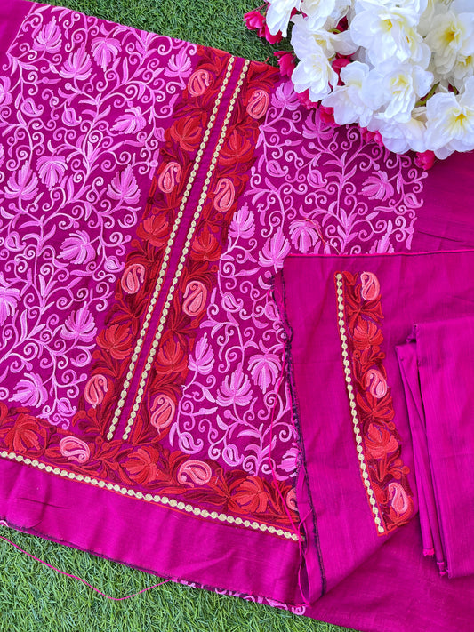 Cotton Hot Pink  Aari Embroidered Kurta Pant Set