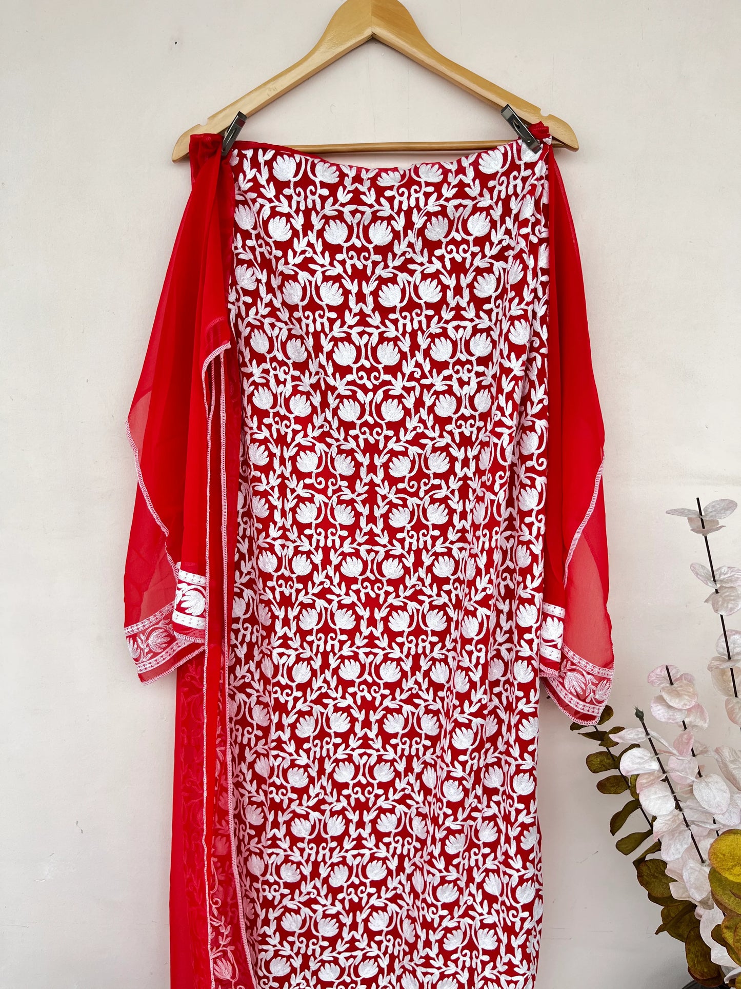 Georgette Red Jaal Work Aari Embroidered Semistitched Kurta Material