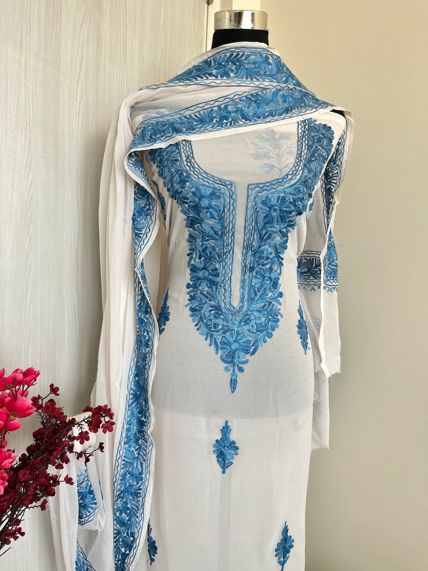 Georgette Off-White-Blue 3 Pc Aari Embroidered Suit Set