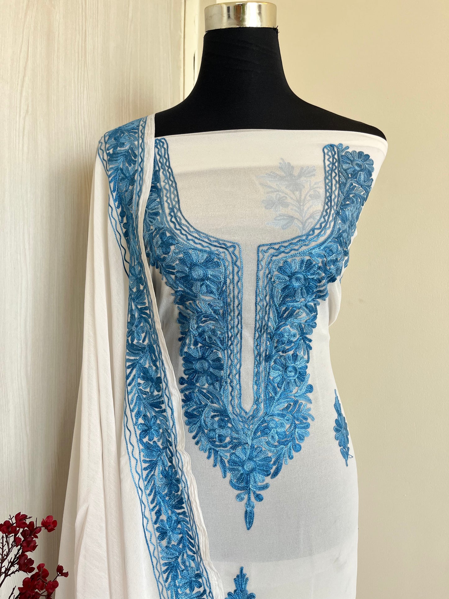 Georgette Off-White-Blue 3 Pc Aari Embroidered Suit Set