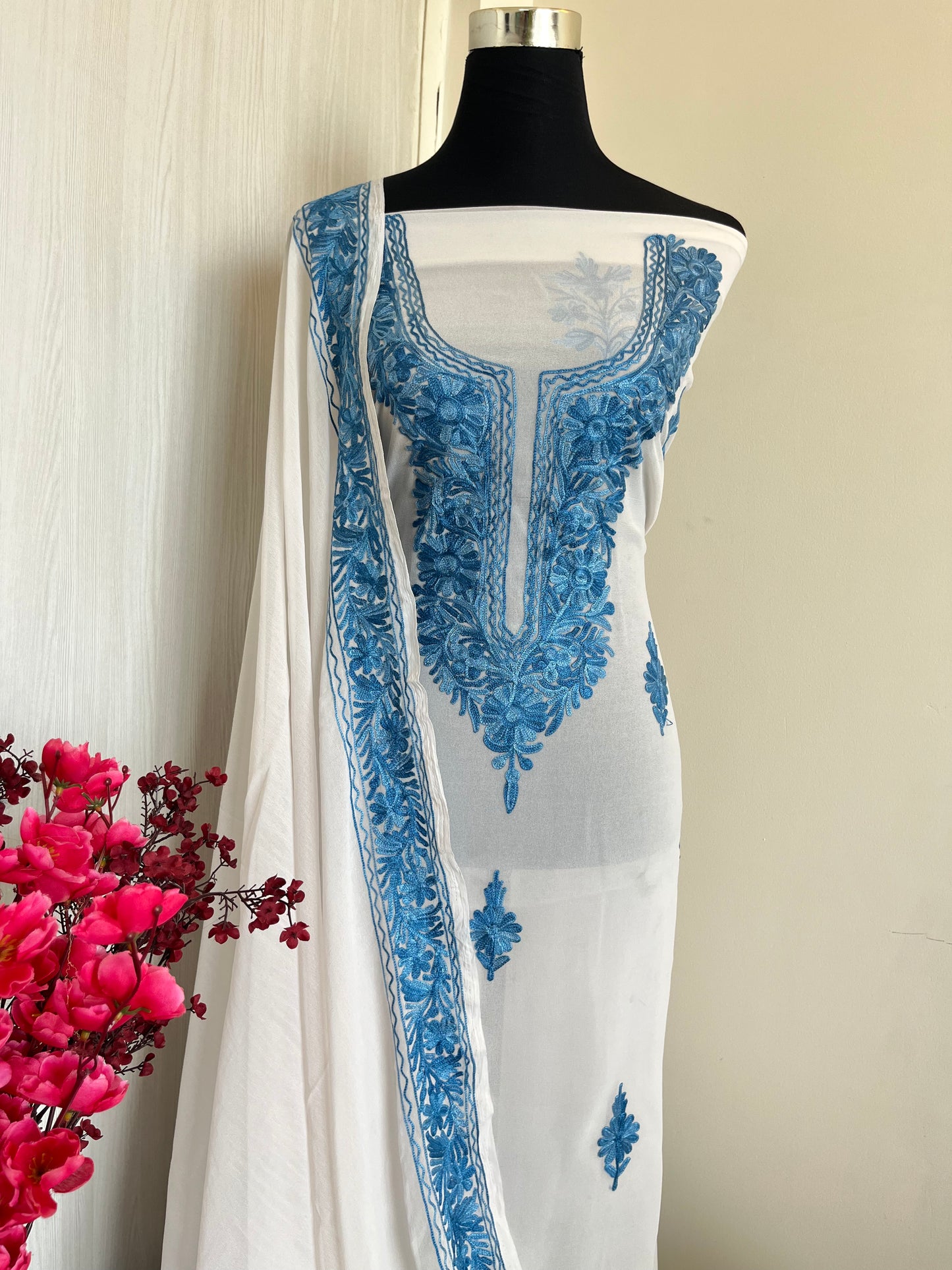 Georgette Off-White-Blue 3 Pc Aari Embroidered Suit Set