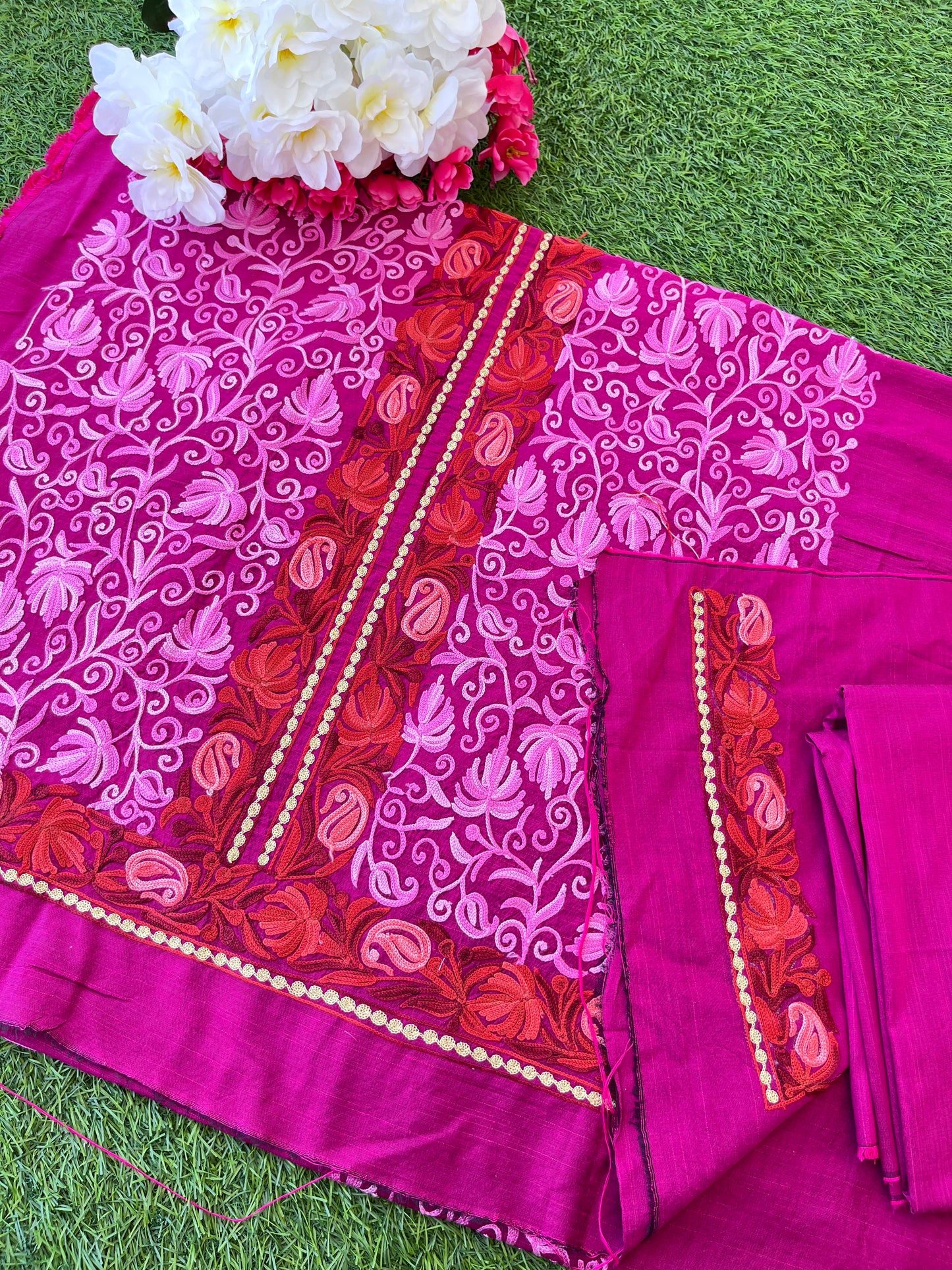 Cotton Hot Pink  Aari Embroidered Kurta Pant Set