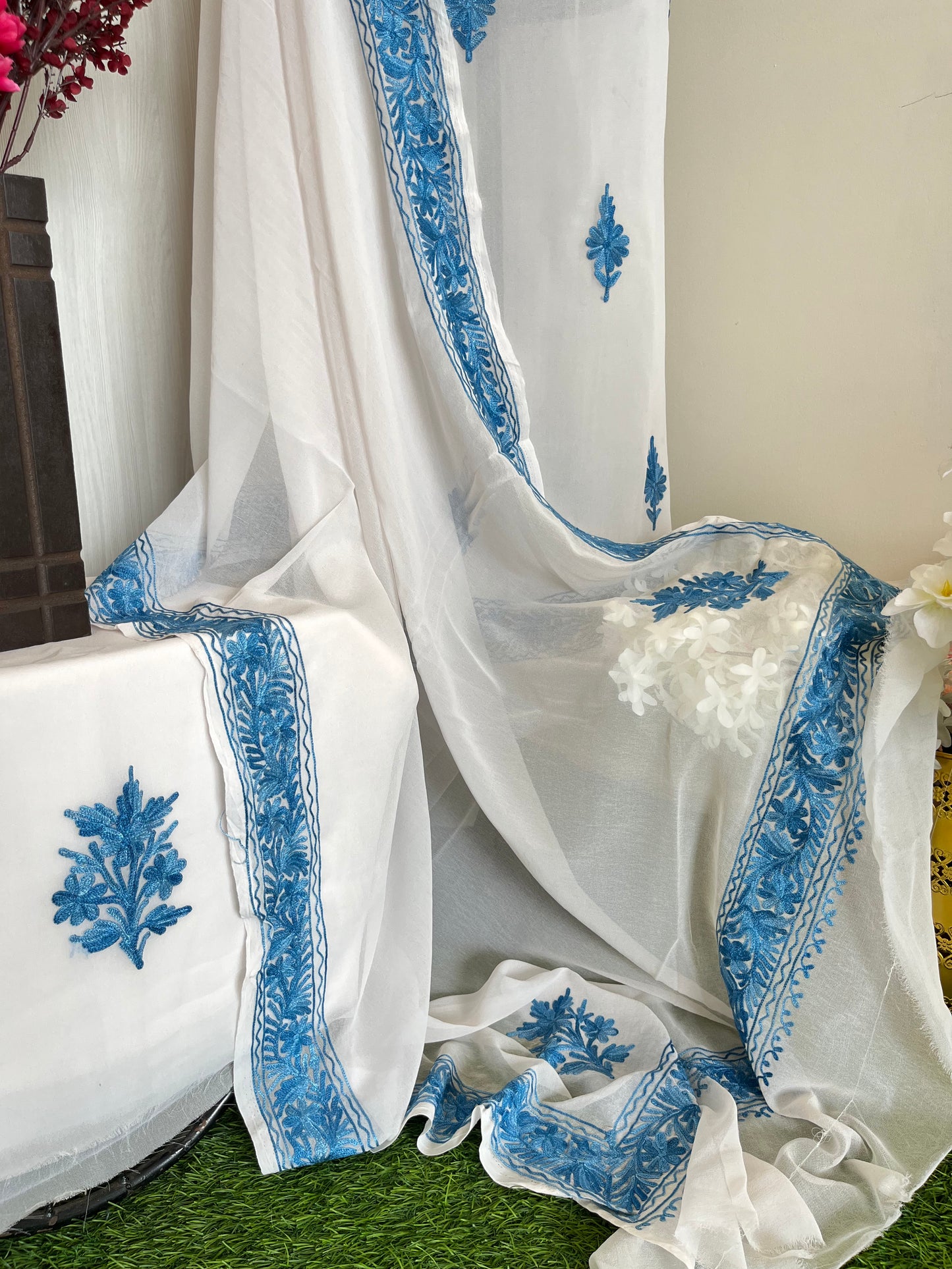 Georgette Off-White-Blue 3 Pc Aari Embroidered Suit Set