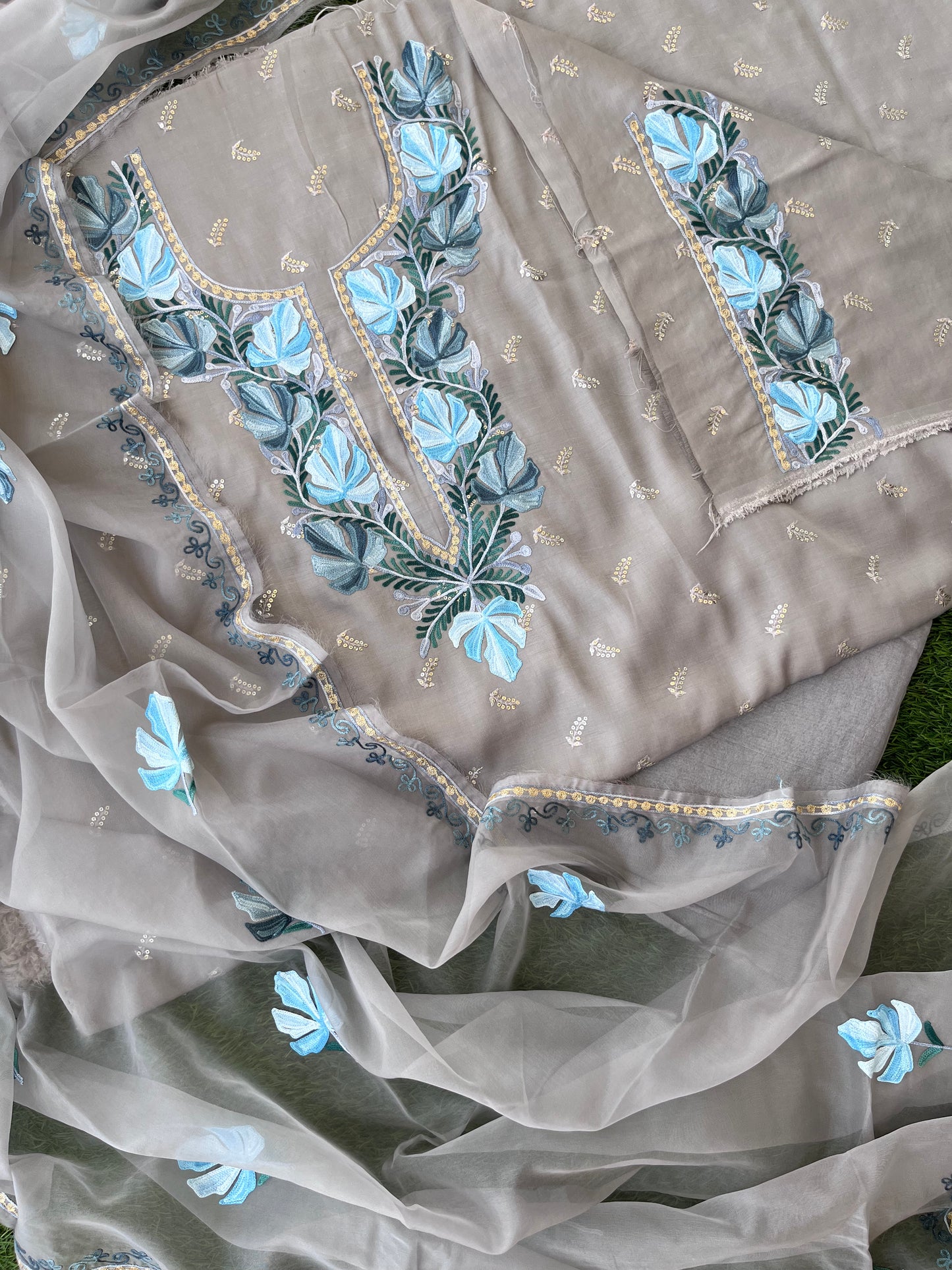 Spanish Grey Satin Cotton with Organza Dupatta 3pc Suit material