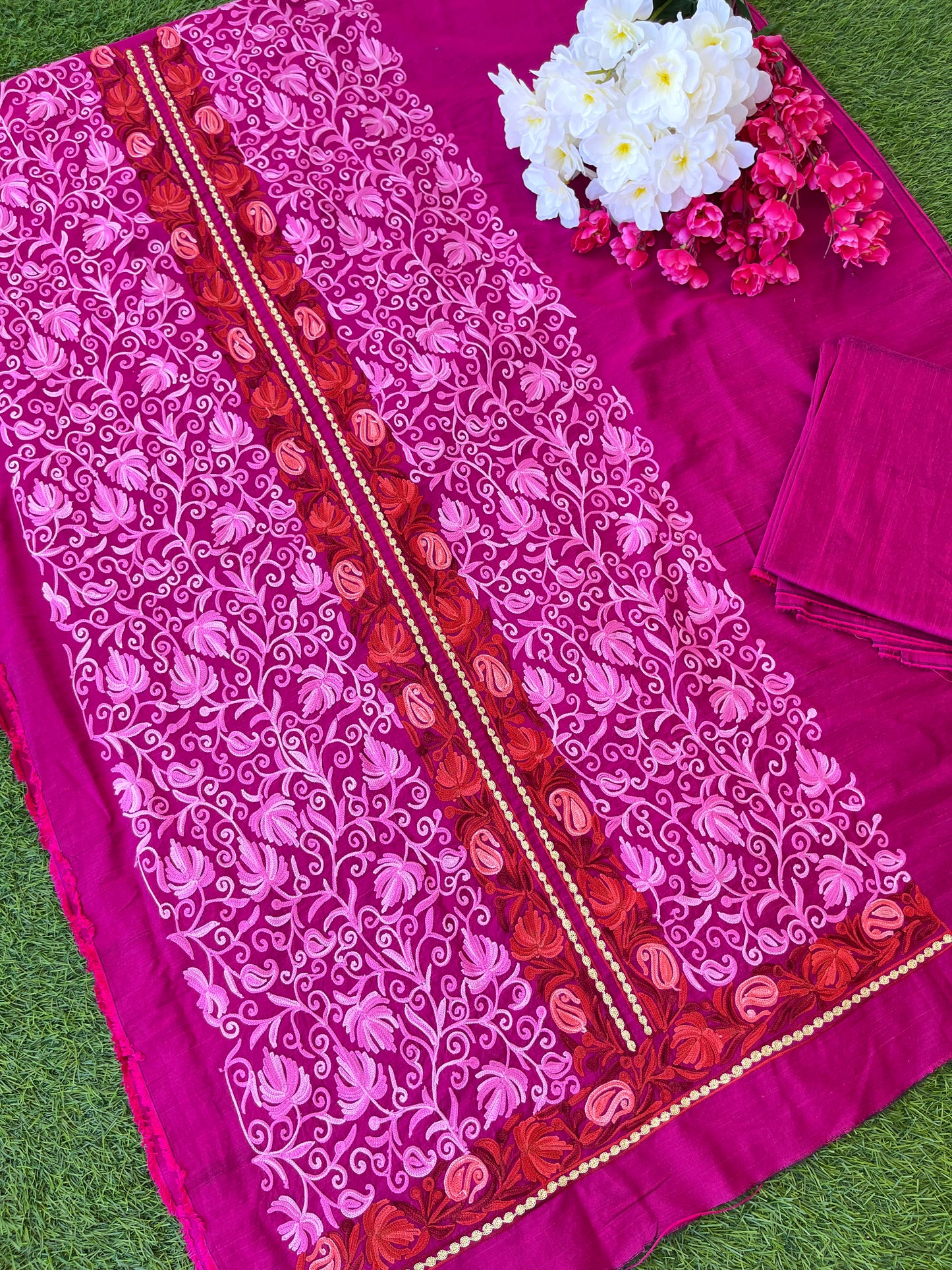 Cotton Hot Pink  Aari Embroidered Kurta Pant Set