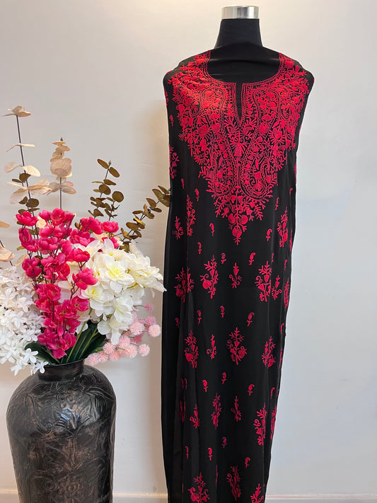 Georgette Black Red All over Work Aari Embroidered Unstitched Kurta Material