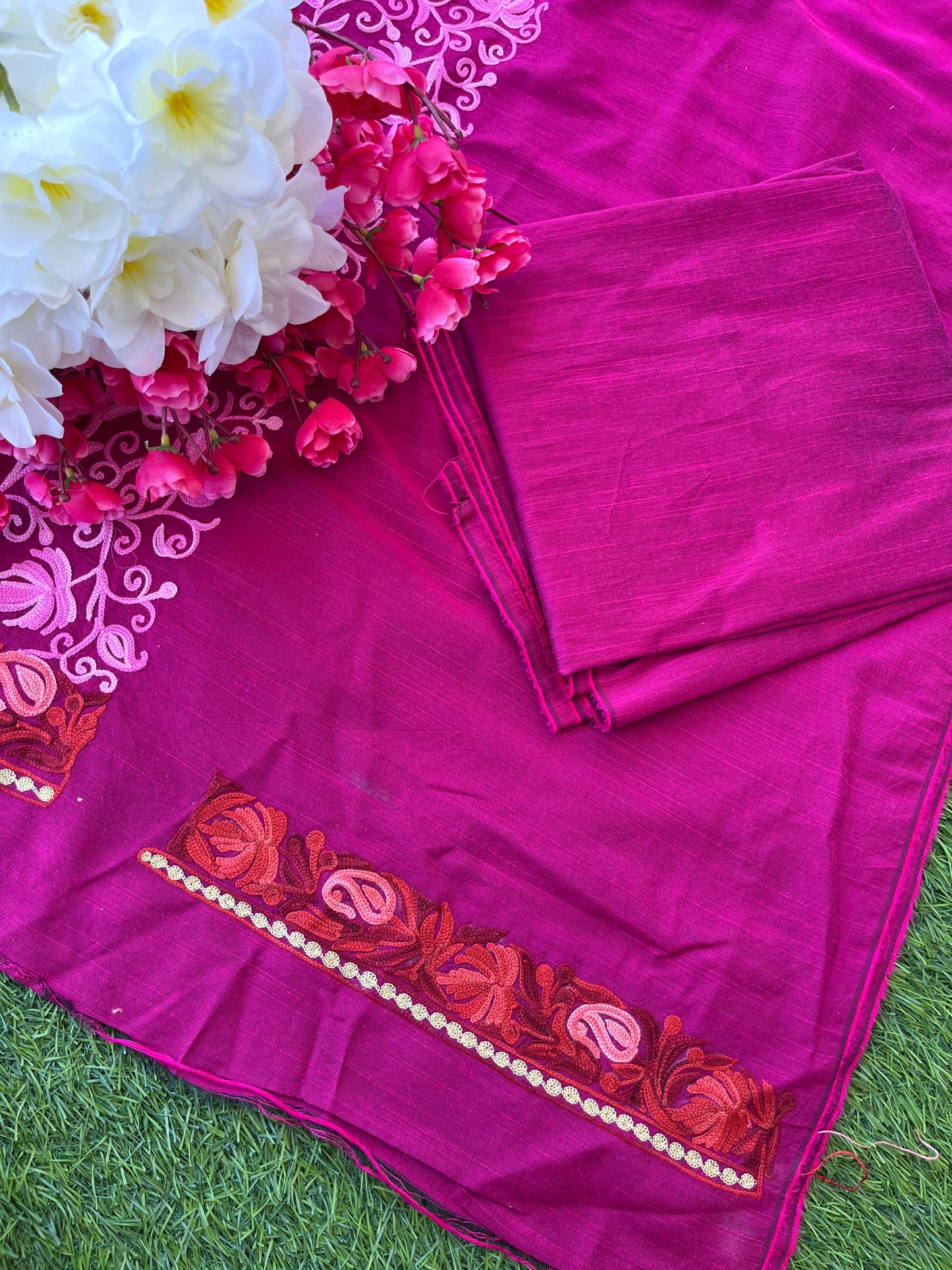 Cotton Hot Pink  Aari Embroidered Kurta Pant Set