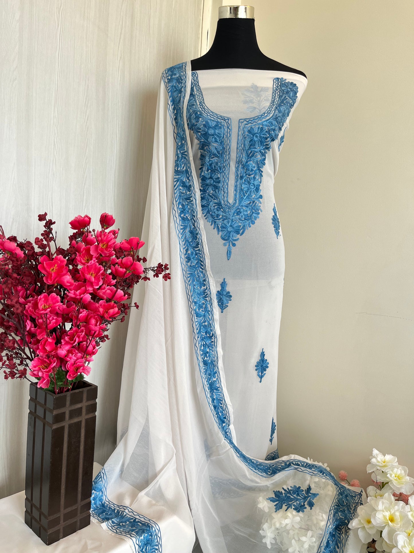 Georgette Off-White-Blue 3 Pc Aari Embroidered Suit Set