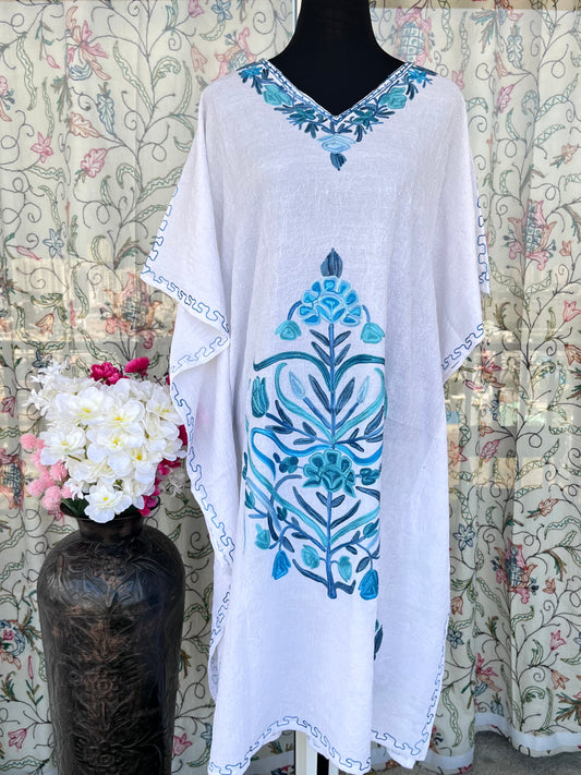 Crush Cotton White Aari embroidered Kaftan