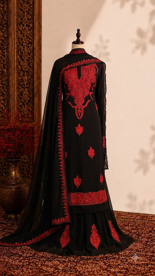 Georgette Black 3 Pc Kashmiri Suit