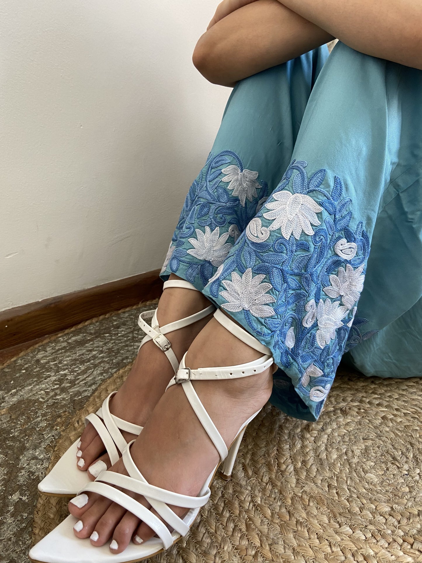 Women Blue Ankle Length Aari Embroidered Palazzos ‘S’