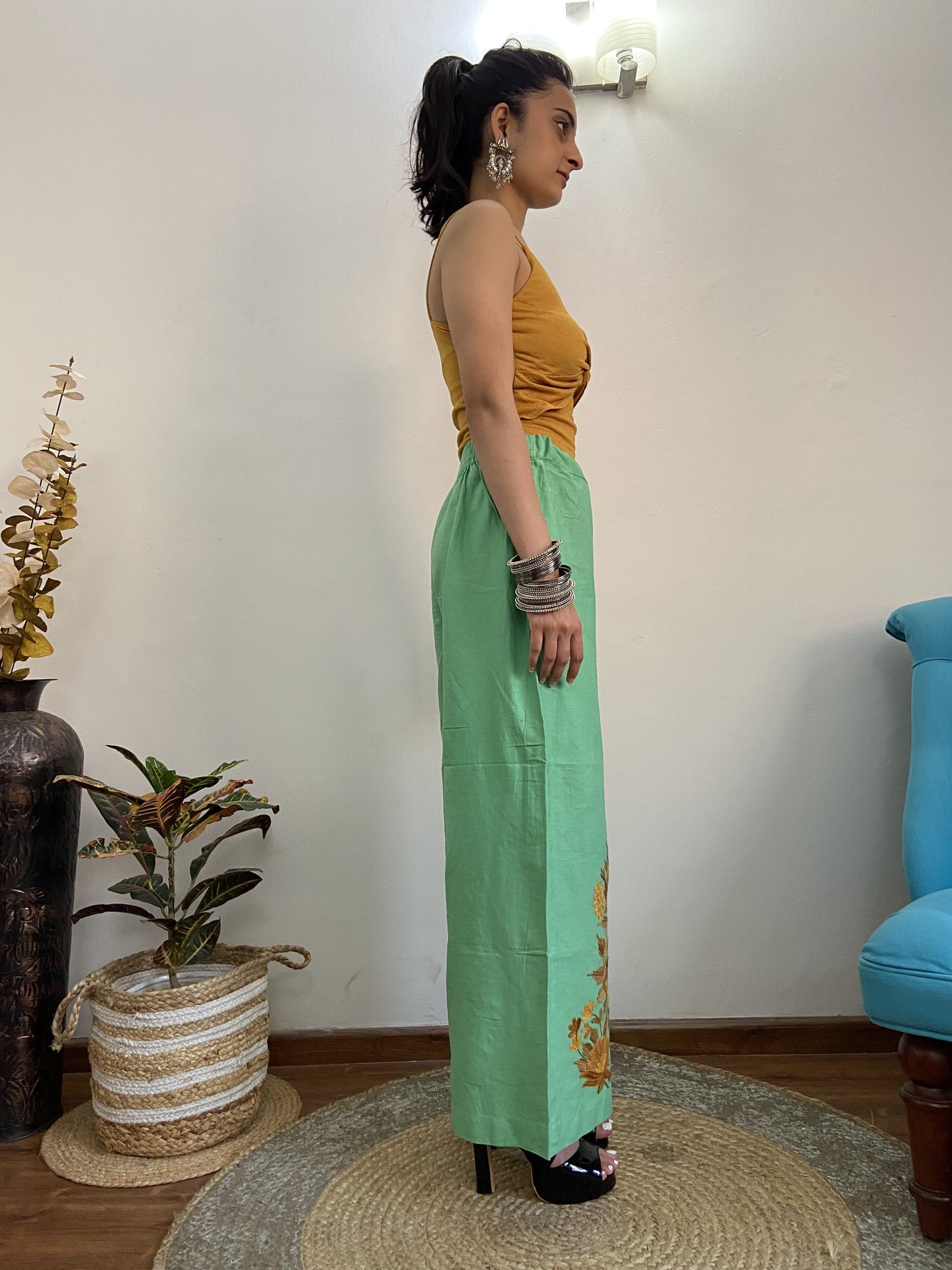 Women Green Solid Cropped Wide Leg Aari Embroidered Palazzos ‘M’