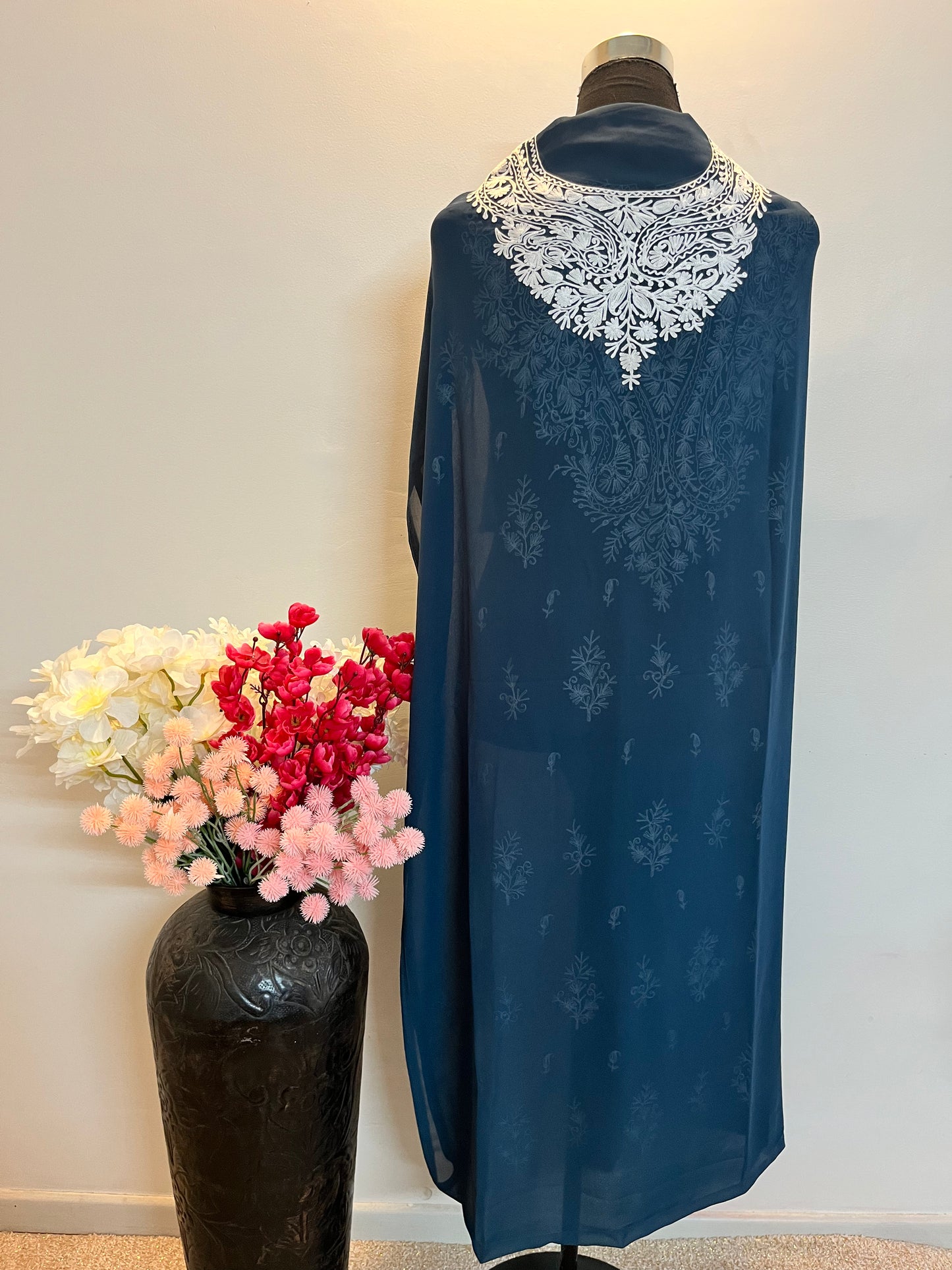 Georgette Teal Blue All over Work Aari Embroidered Unstitched Kurta Material