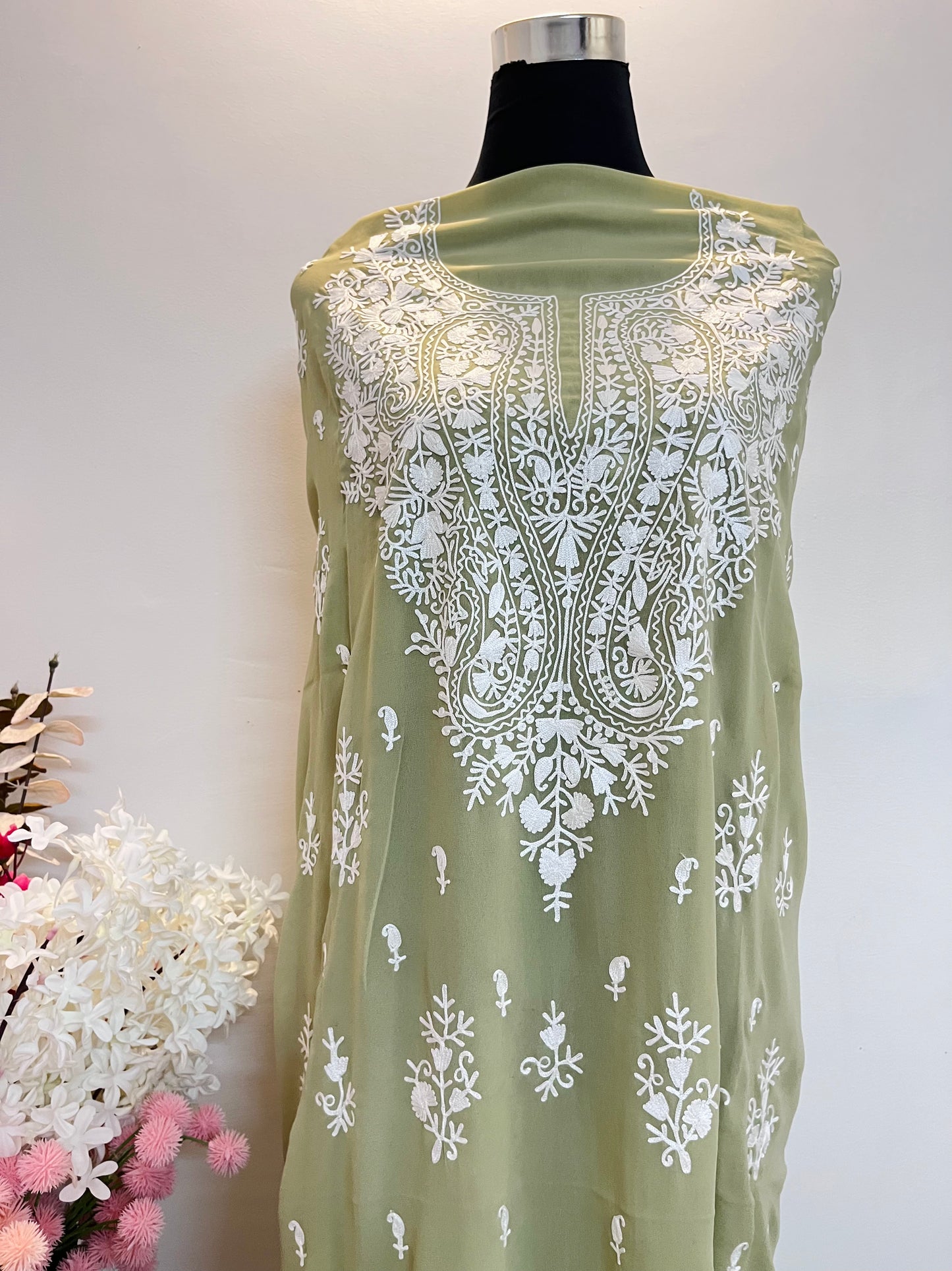 Georgette Pistachio Green All over Work Aari Embroidered Unstitched Kurta Material