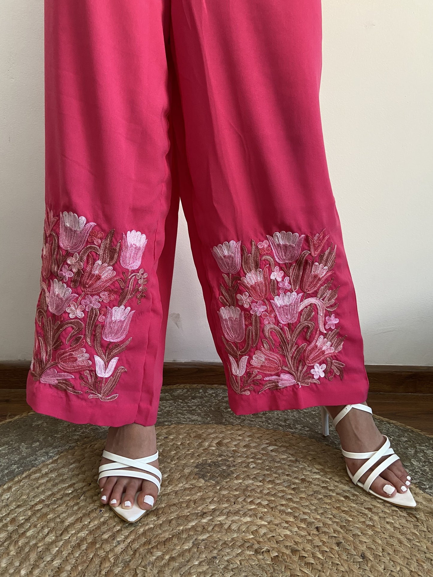 Women Pink Solid Flared Aari Embroidered Palazzos ‘L’