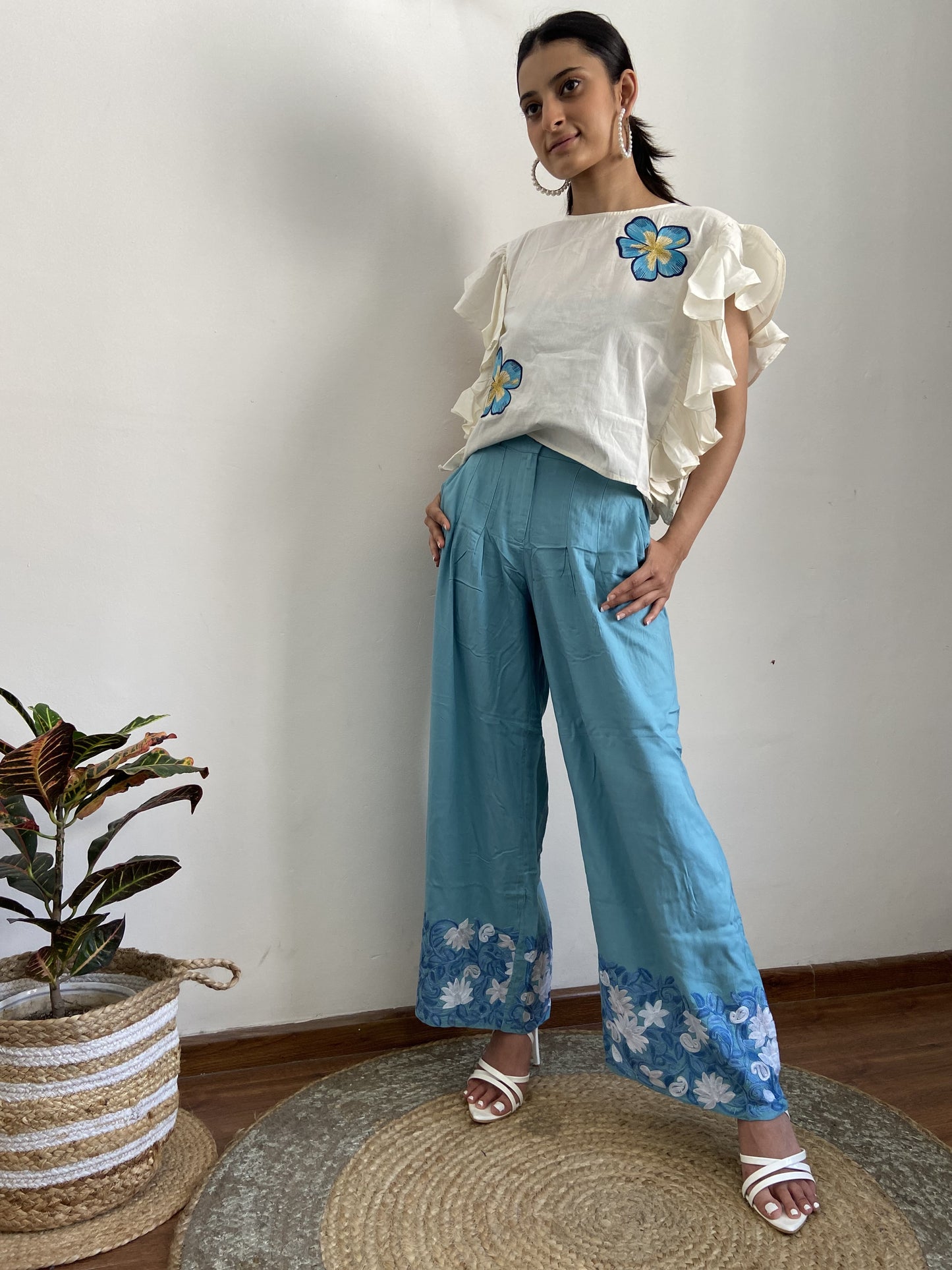 Women Blue Ankle Length Aari Embroidered Palazzos ‘S’