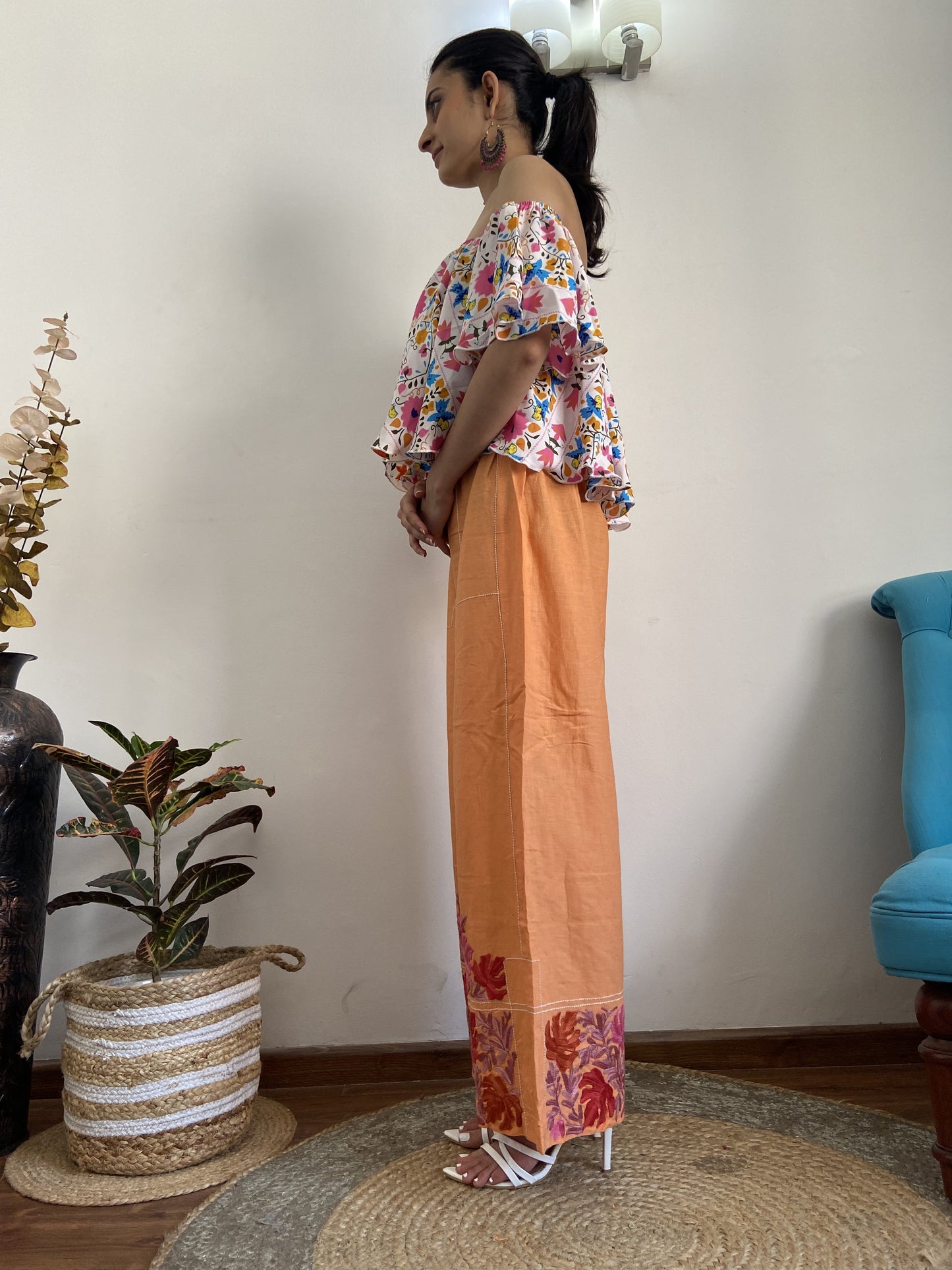 Women Orange Wide Leg Aari Embroidered Palazzos ‘M’