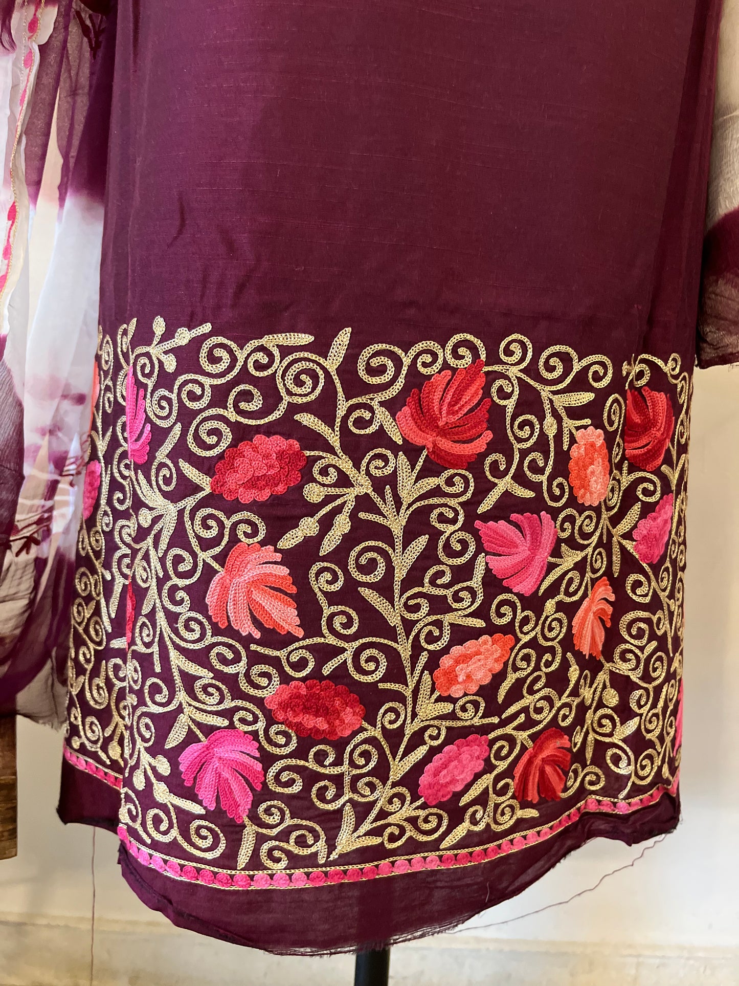 Cotton Wine Aari Embroidered 3pc suit