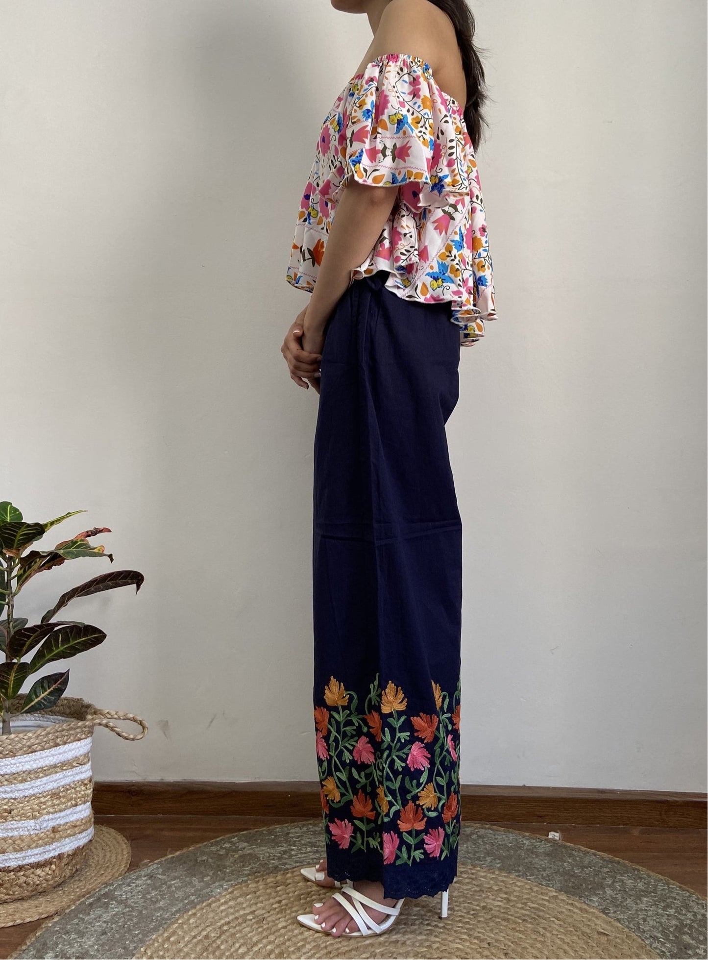 Women Navy Blue Hem Design Straight Aari Embroidered Palazzos ‘S’