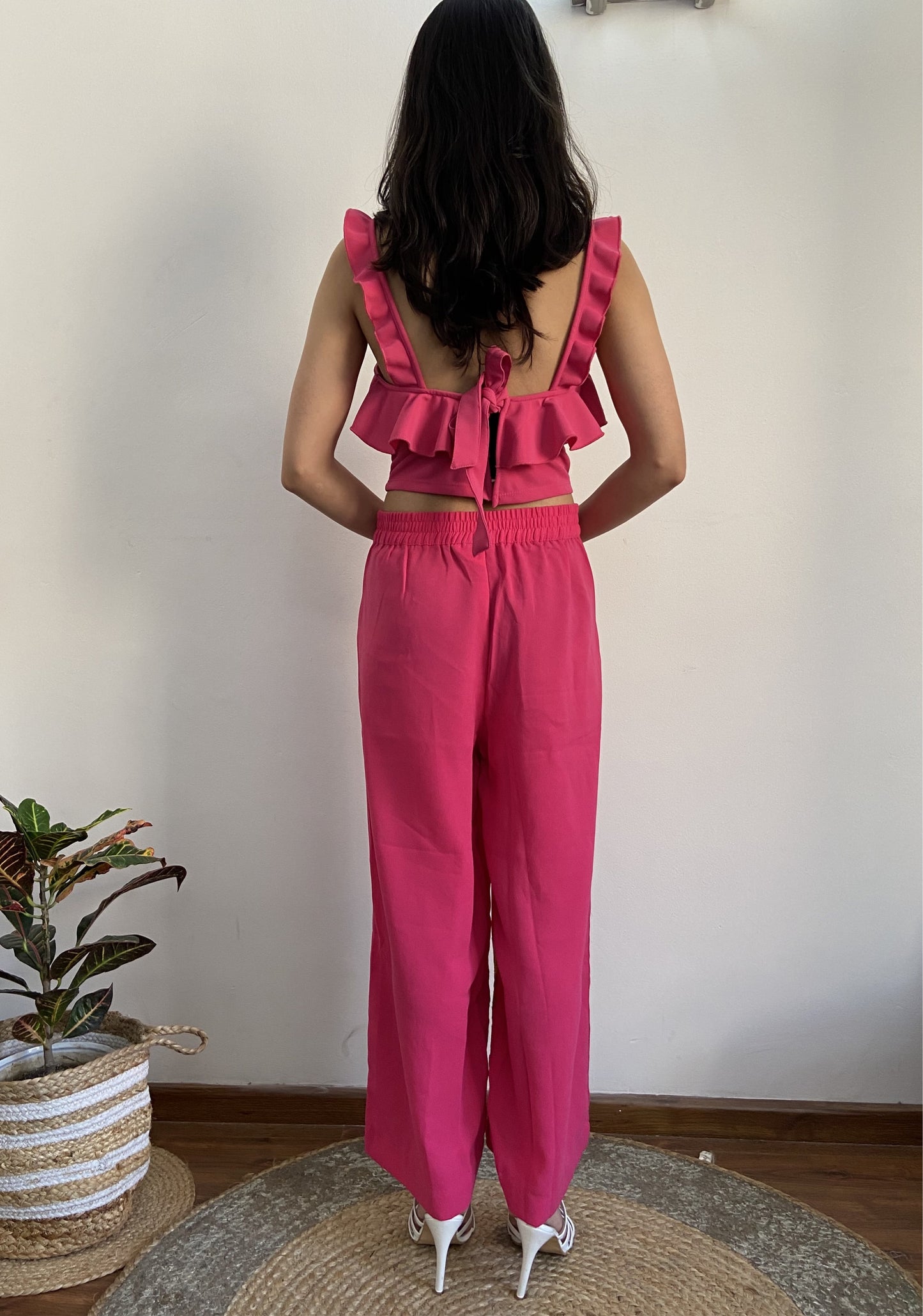 Women Pink Solid Cropped Aari Embroidered Palazzos