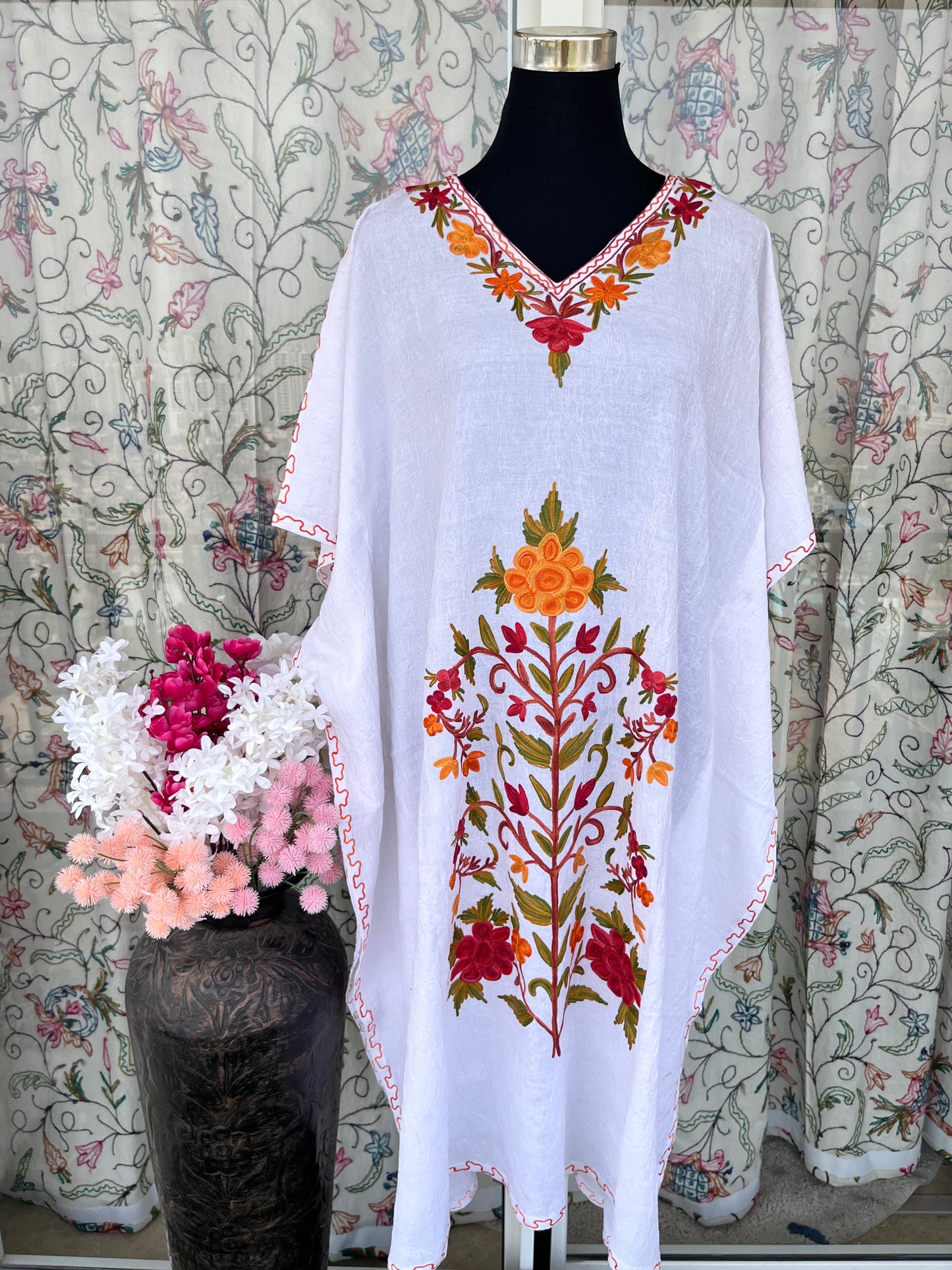 Crush Cotton White Aari embroidered Kaftan