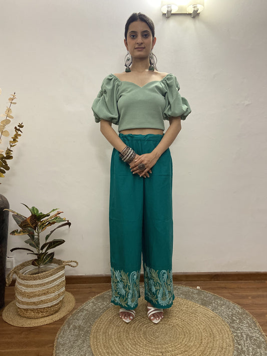 Women Green  Wide Leg Aari Embroidered Palazzos ‘M’