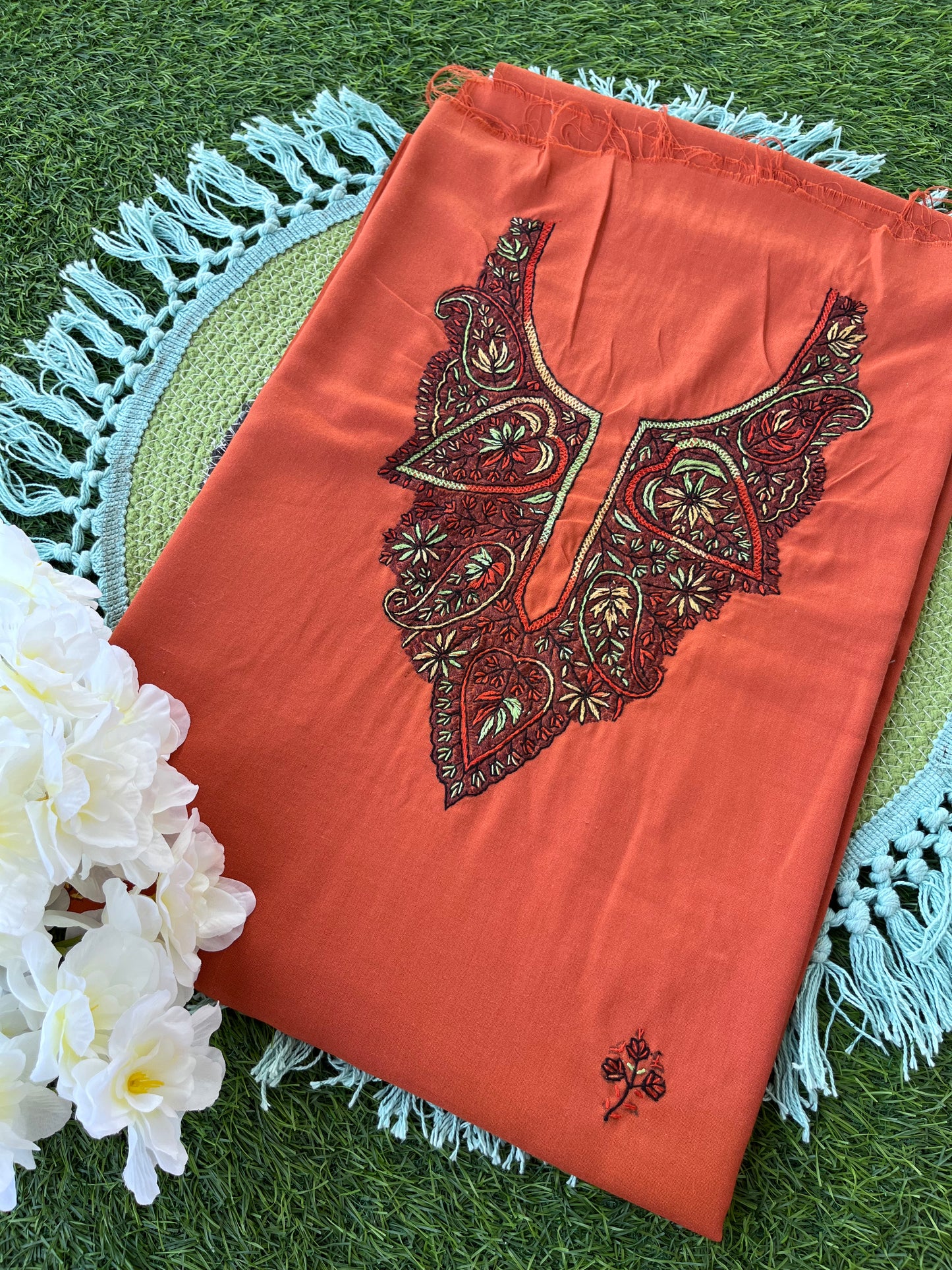 Cotton Orange Sozni Work Two Piece Set (Hand Embroidered)