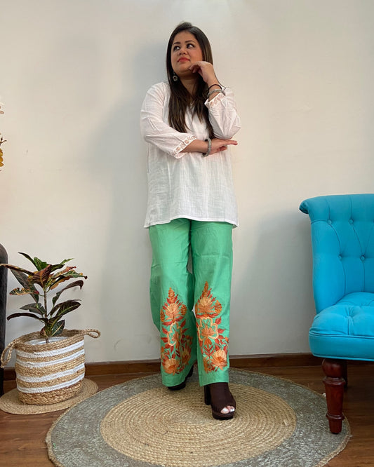 Women Green Solid Cropped Wide Leg Aari Embroidered Palazzos ‘L’