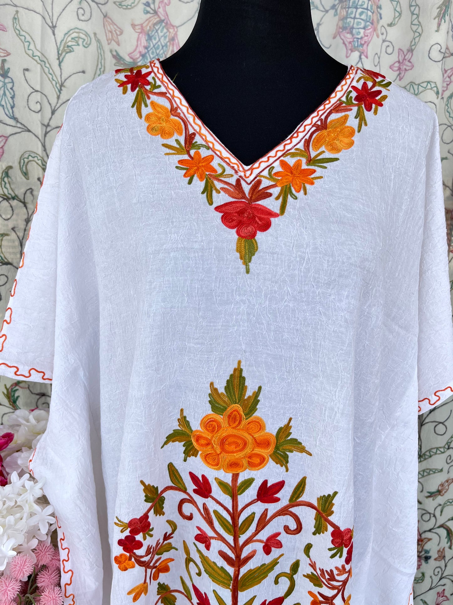 Crush Cotton White Aari embroidered Kaftan