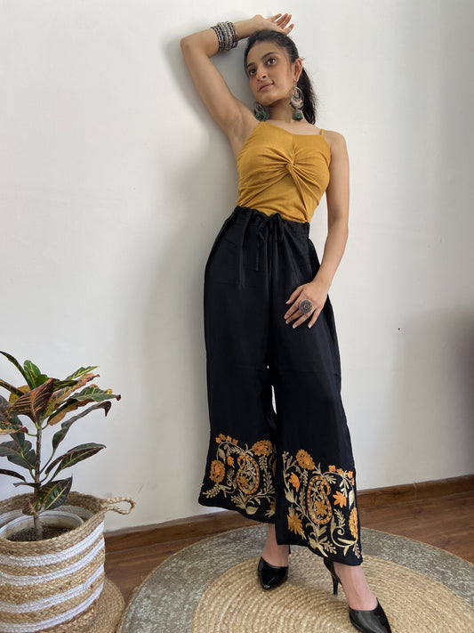 Women black Ambi design Aari & Tilla Fusion embroidered palazzos ‘M’