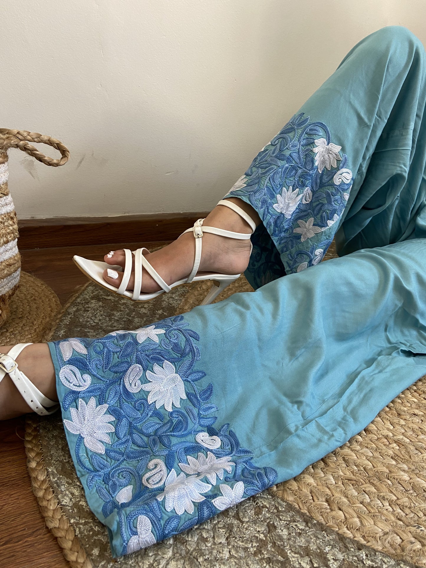 Women Blue Ankle Length Aari Embroidered Palazzos ‘S’