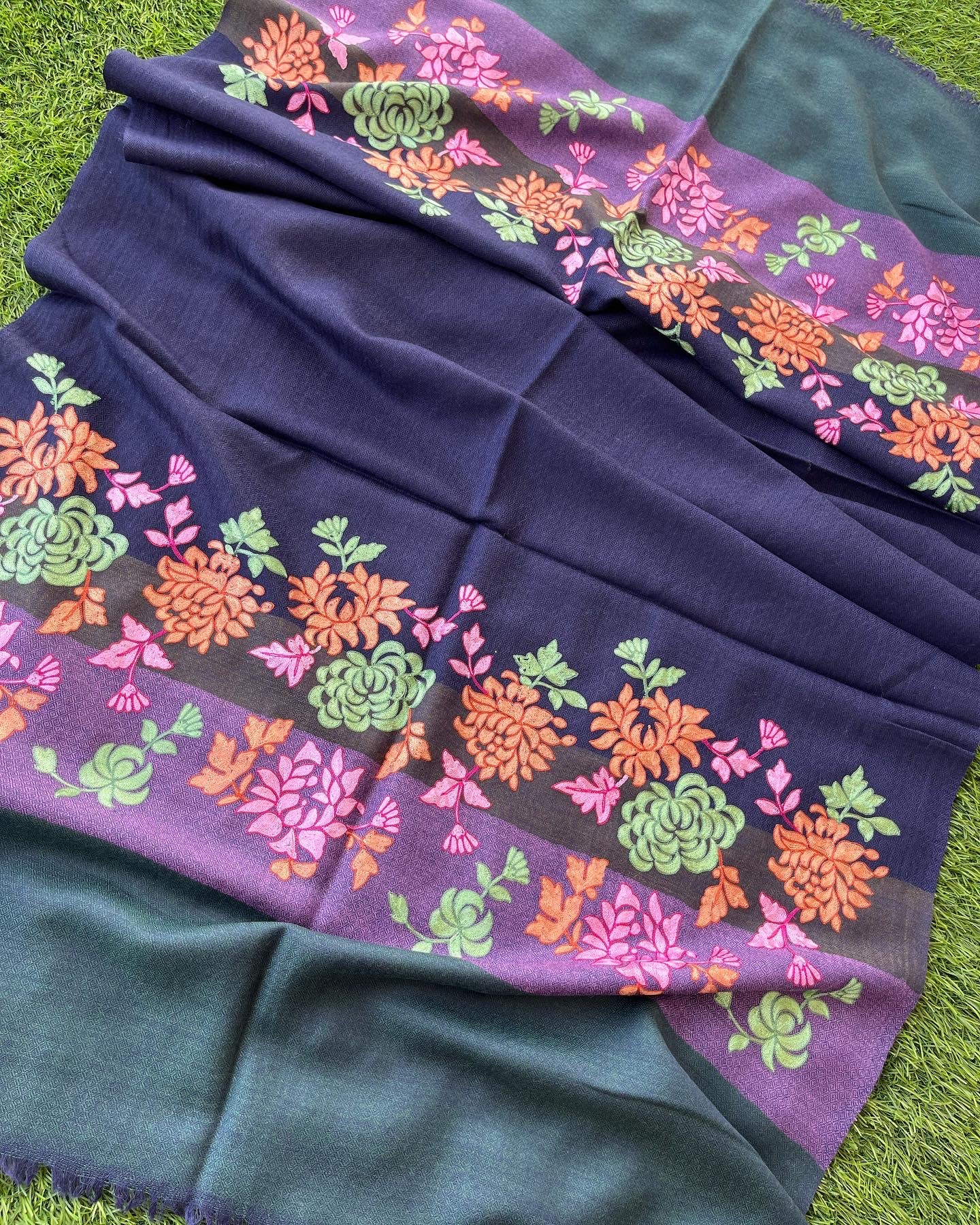 Blue Fine Wool Kashmiri Embroidered stole
