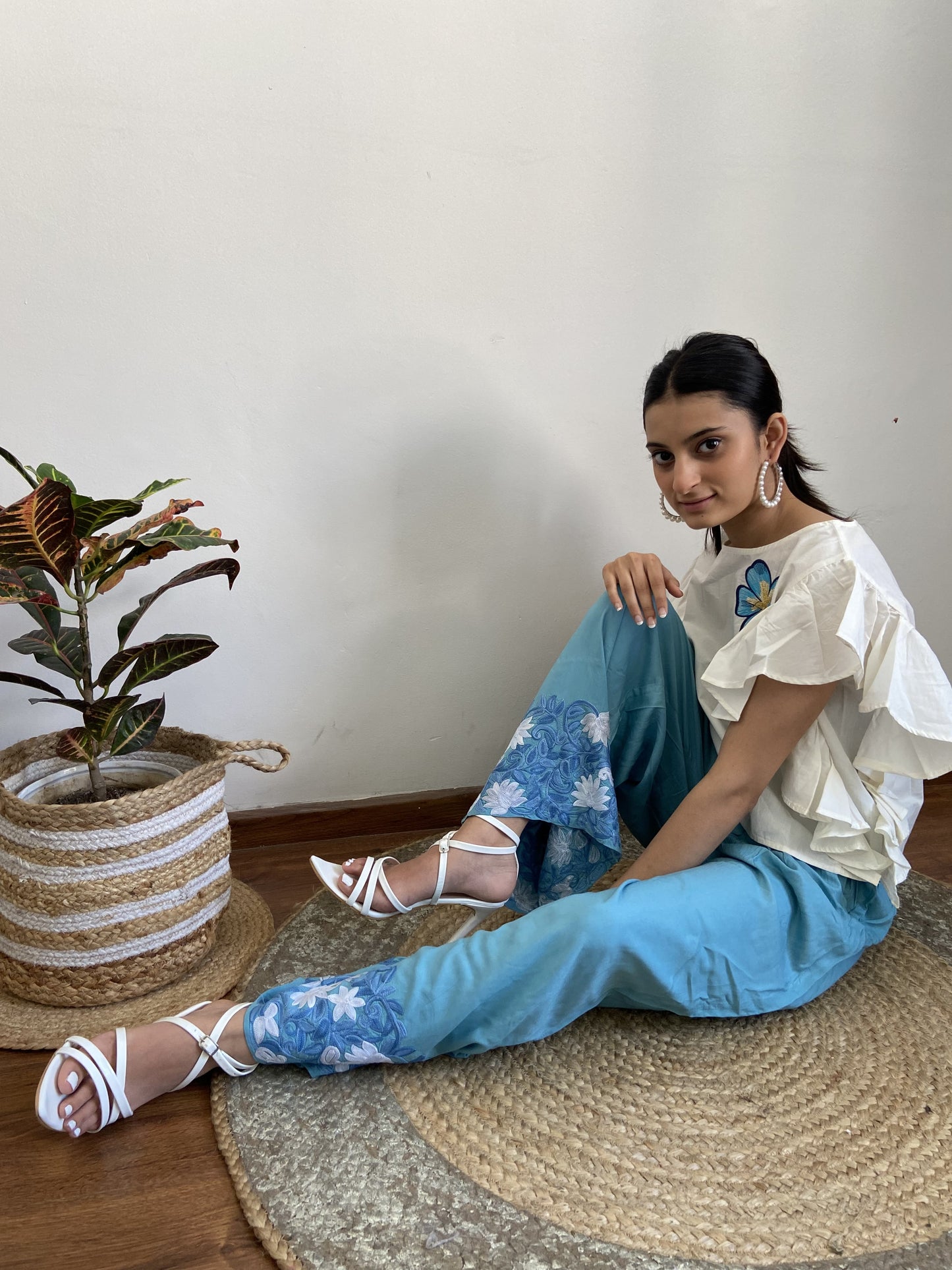 Women Blue Ankle Length Aari Embroidered Palazzos ‘S’