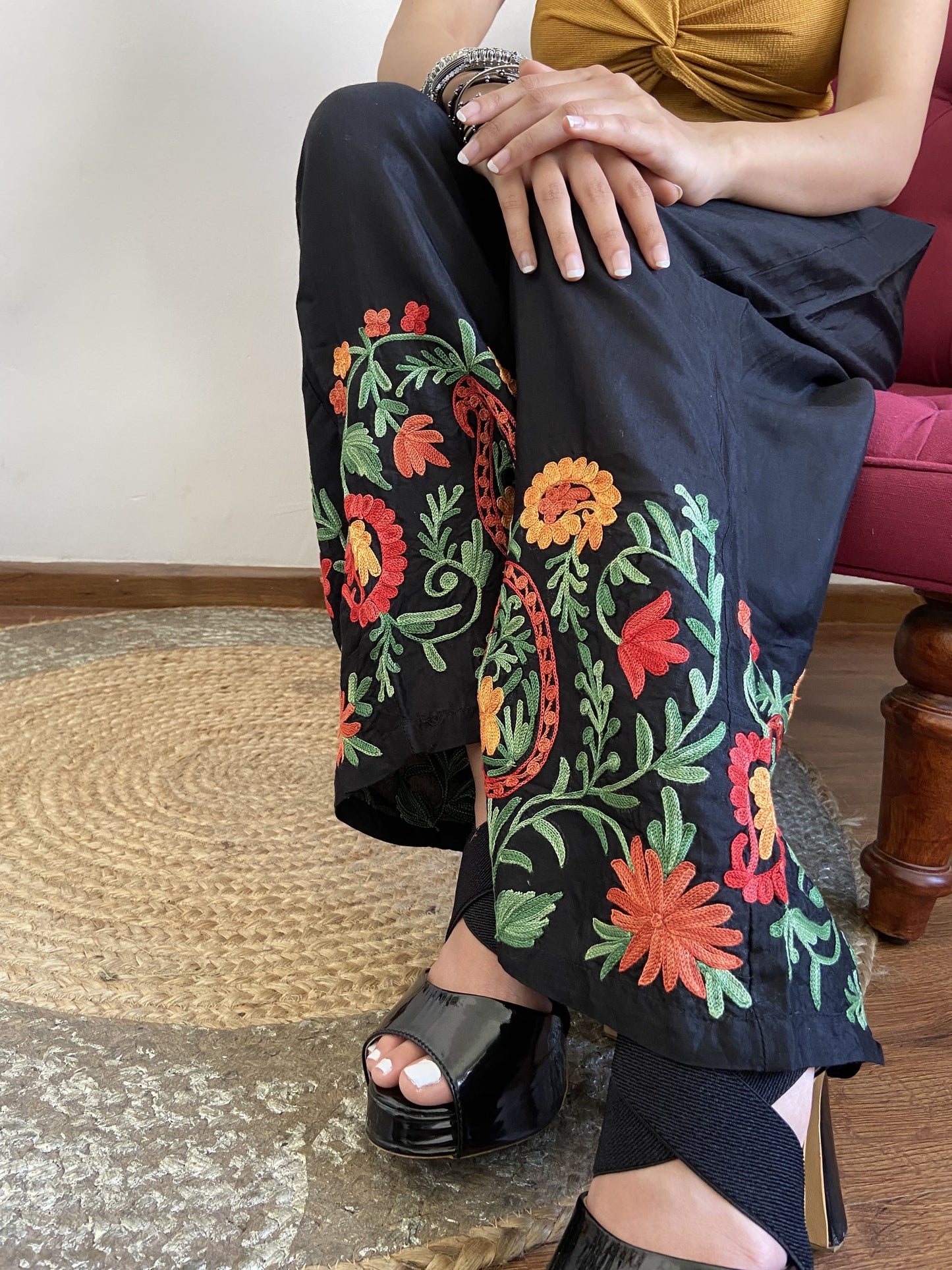 Women black Ambi design Aari embroidered palazzos ‘S’