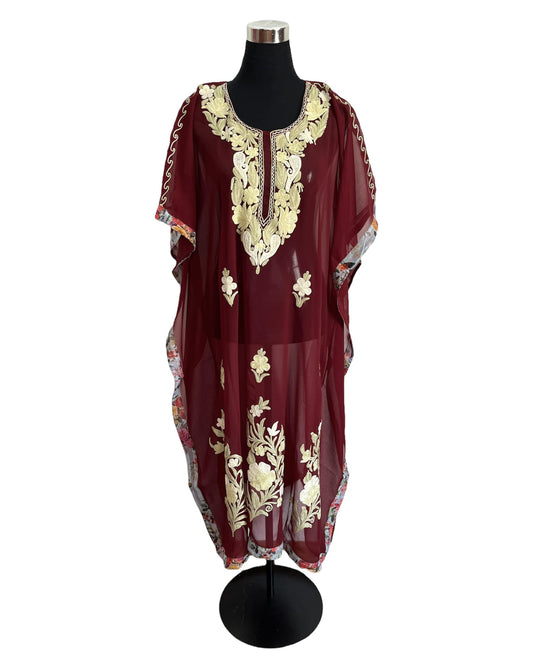 Maroon Aari embroidered Kaftan