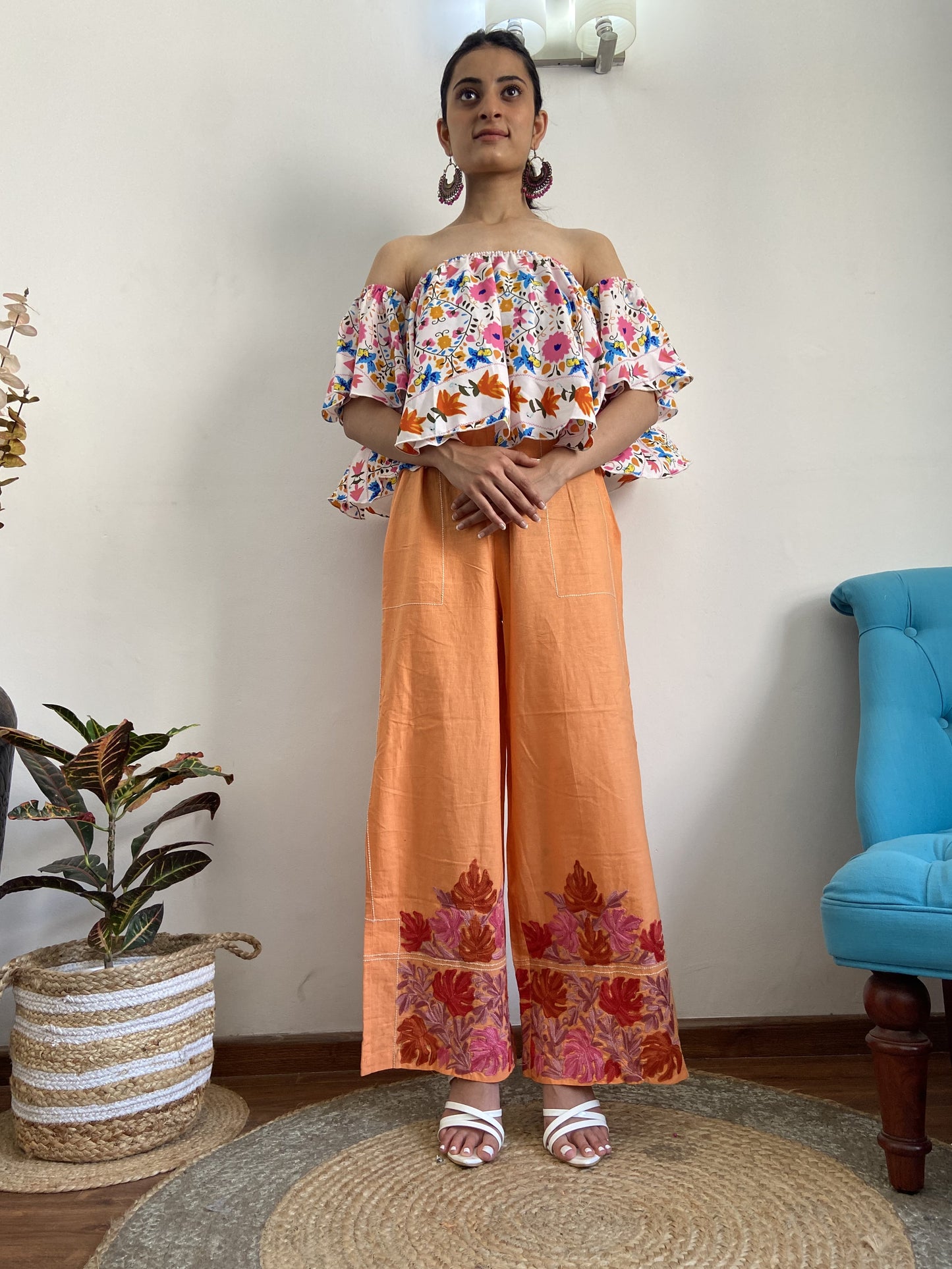 Women Orange Wide Leg Aari Embroidered Palazzos ‘M’