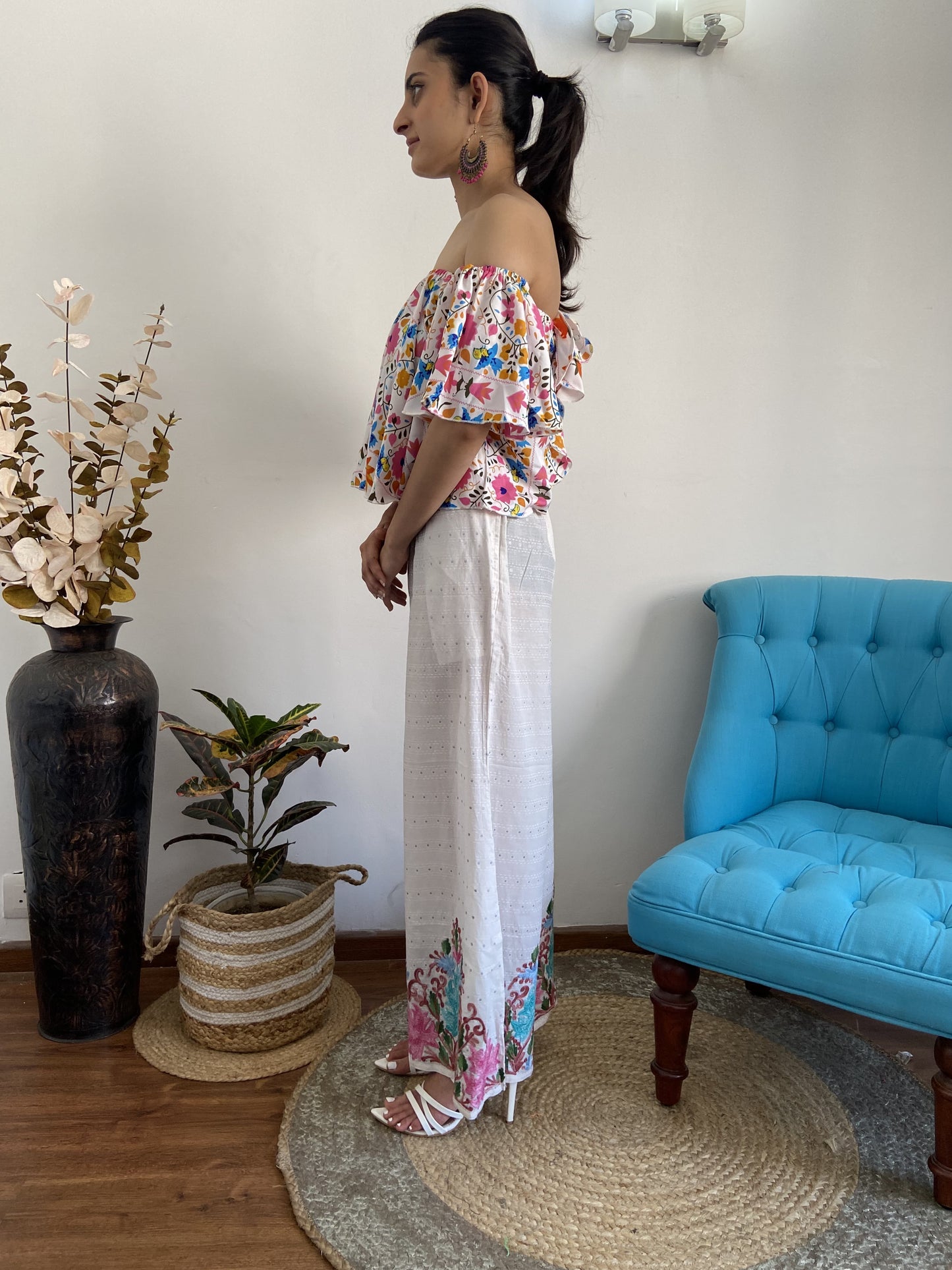 Women Off White Aari Embroidered Palazzos ‘L’