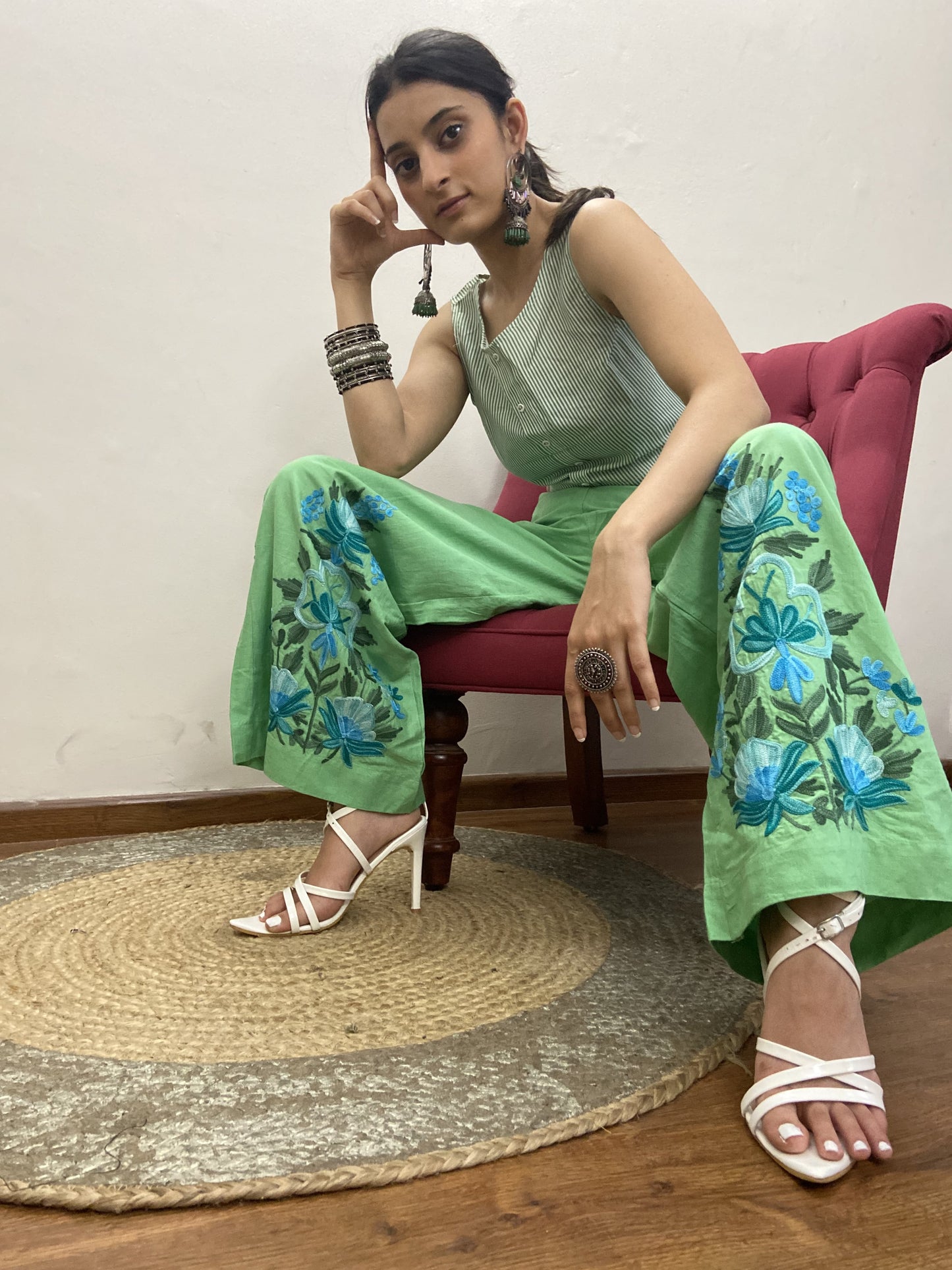 Women Green Solid Cropped Wide Leg Aari Embroidered Palazzos ‘S’