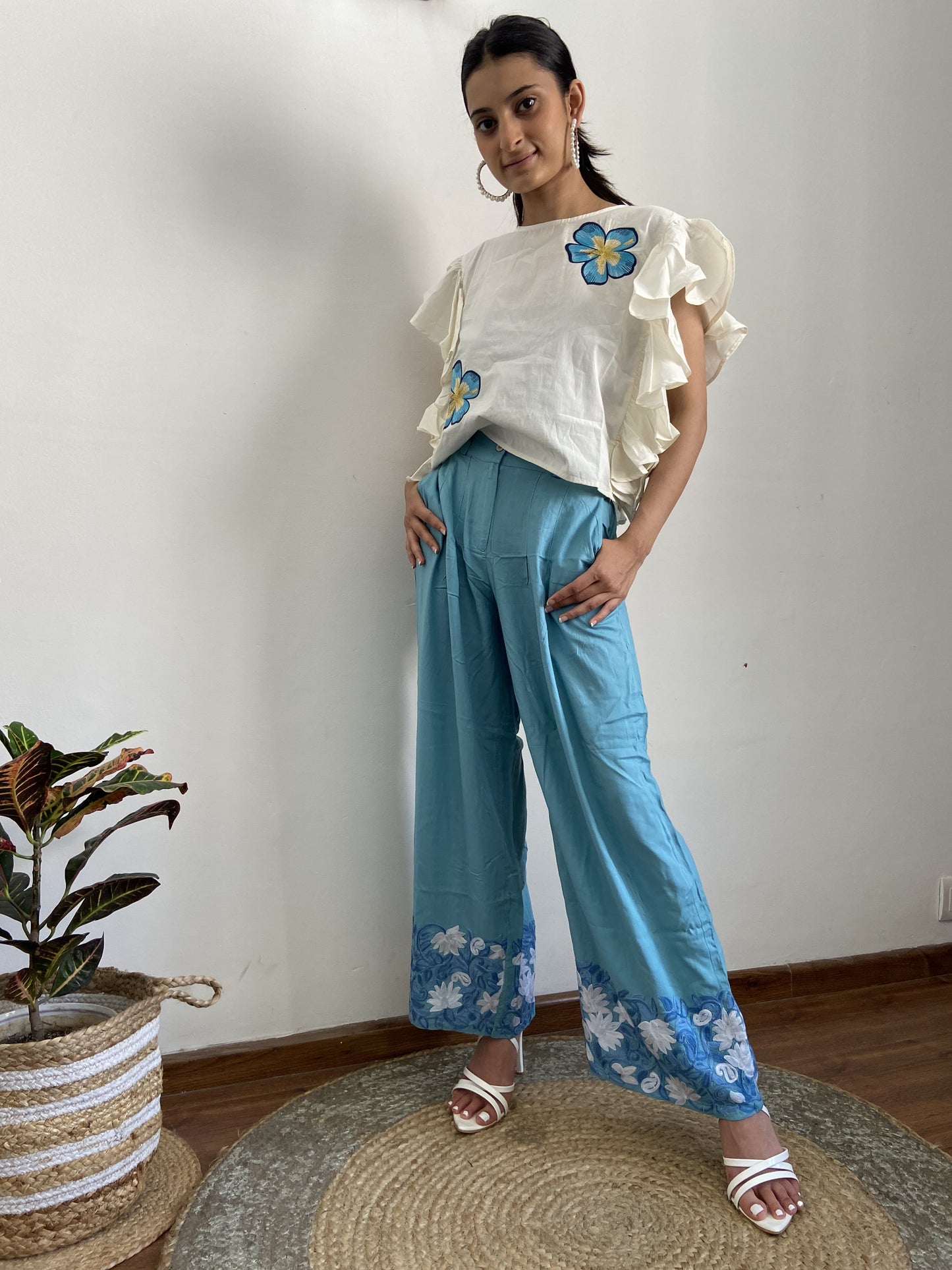 Women Blue Ankle Length Aari Embroidered Palazzos ‘S’