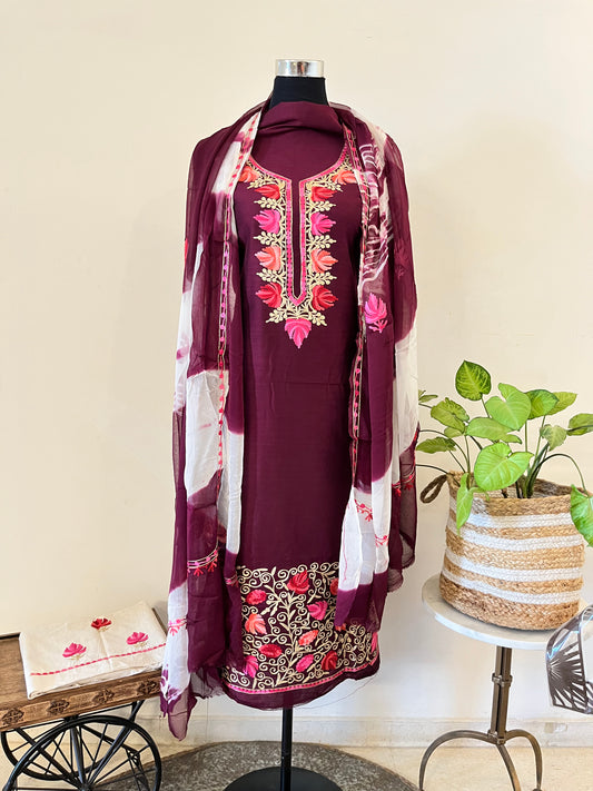 Cotton Wine Aari Embroidered 3pc suit