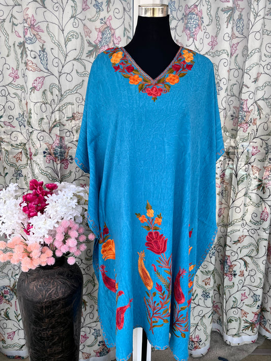 Crush Cotton Sky Blue Aari embroidered Kaftan