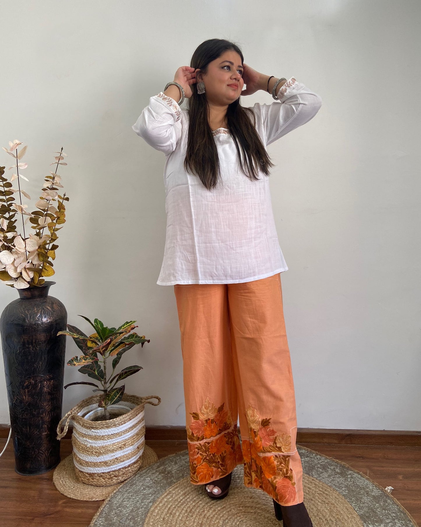 Women Orange Wide Leg Aari Embroidered Palazzos ‘XL’