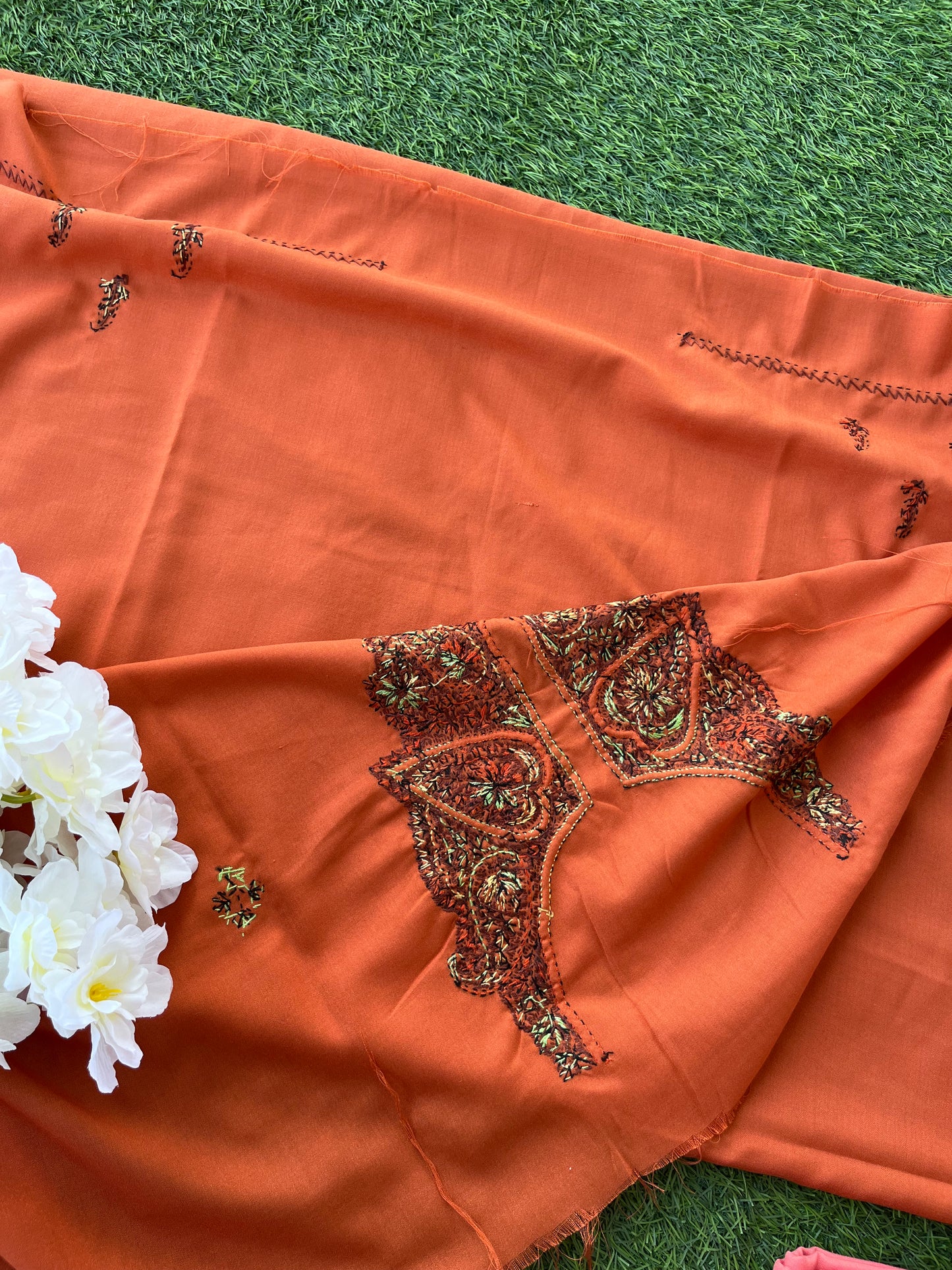 Cotton Orange Sozni Work Two Piece Set (Hand Embroidered)