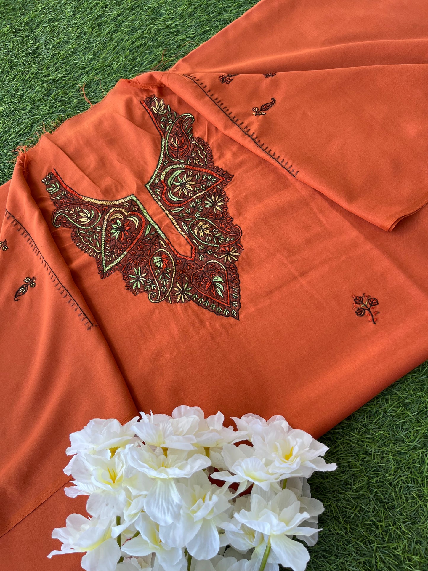 Cotton Orange Sozni Work Two Piece Set (Hand Embroidered)