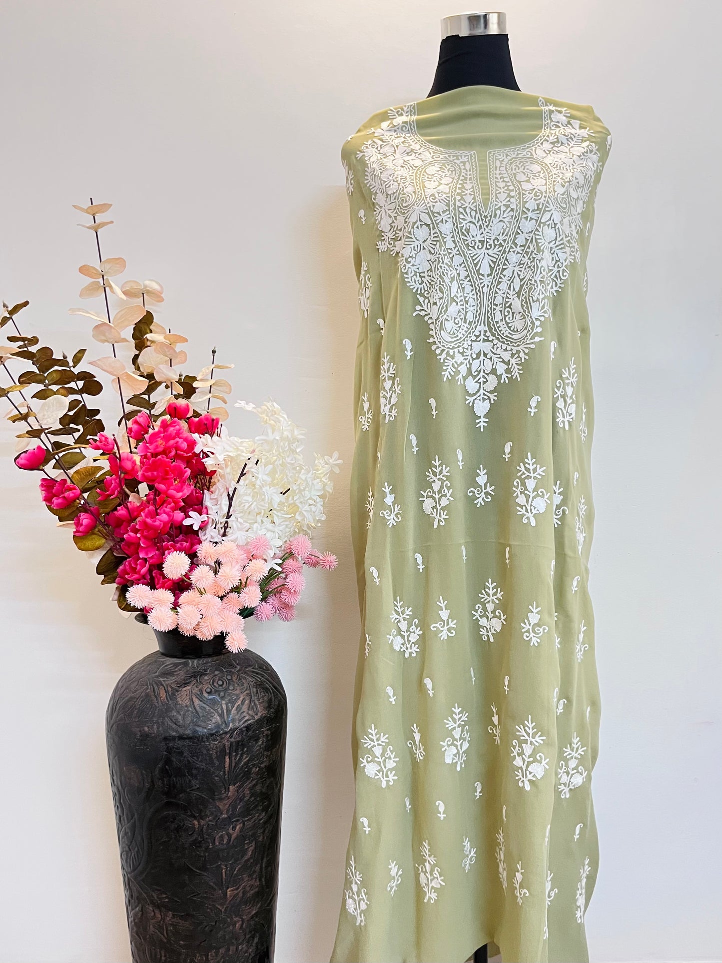 Georgette Pistachio Green All over Work Aari Embroidered Unstitched Kurta Material