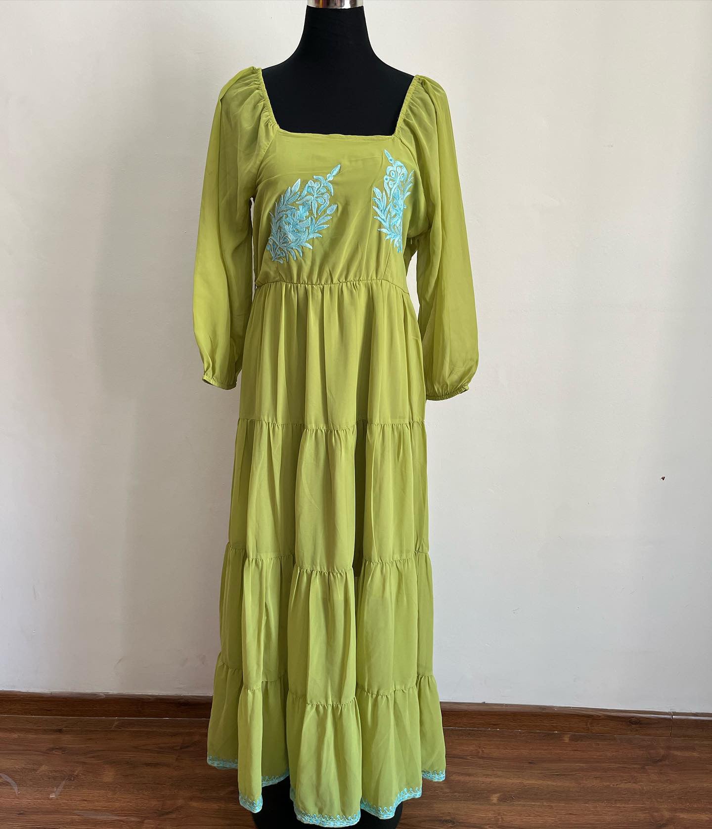 Women Green Long Aari Embroidered Dress