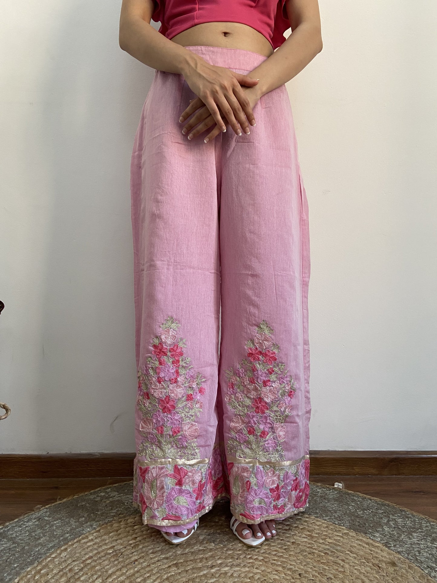 Women Pink Flared Aari Embroidered Palazzos ‘S’